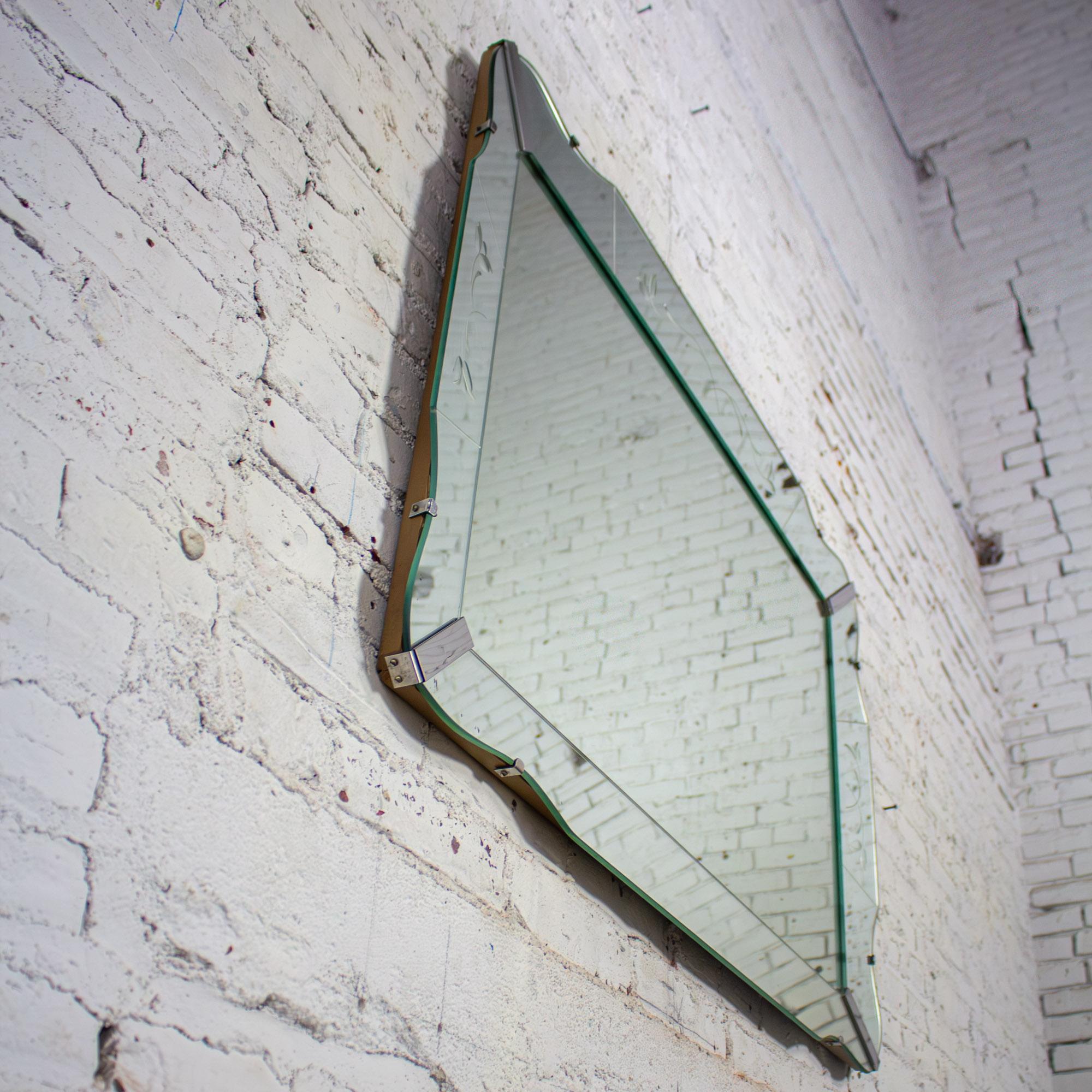 1930-1950’s Art Deco Large Wall Mirror Rectangular w/Curved Sides & Etched Venetian Glass