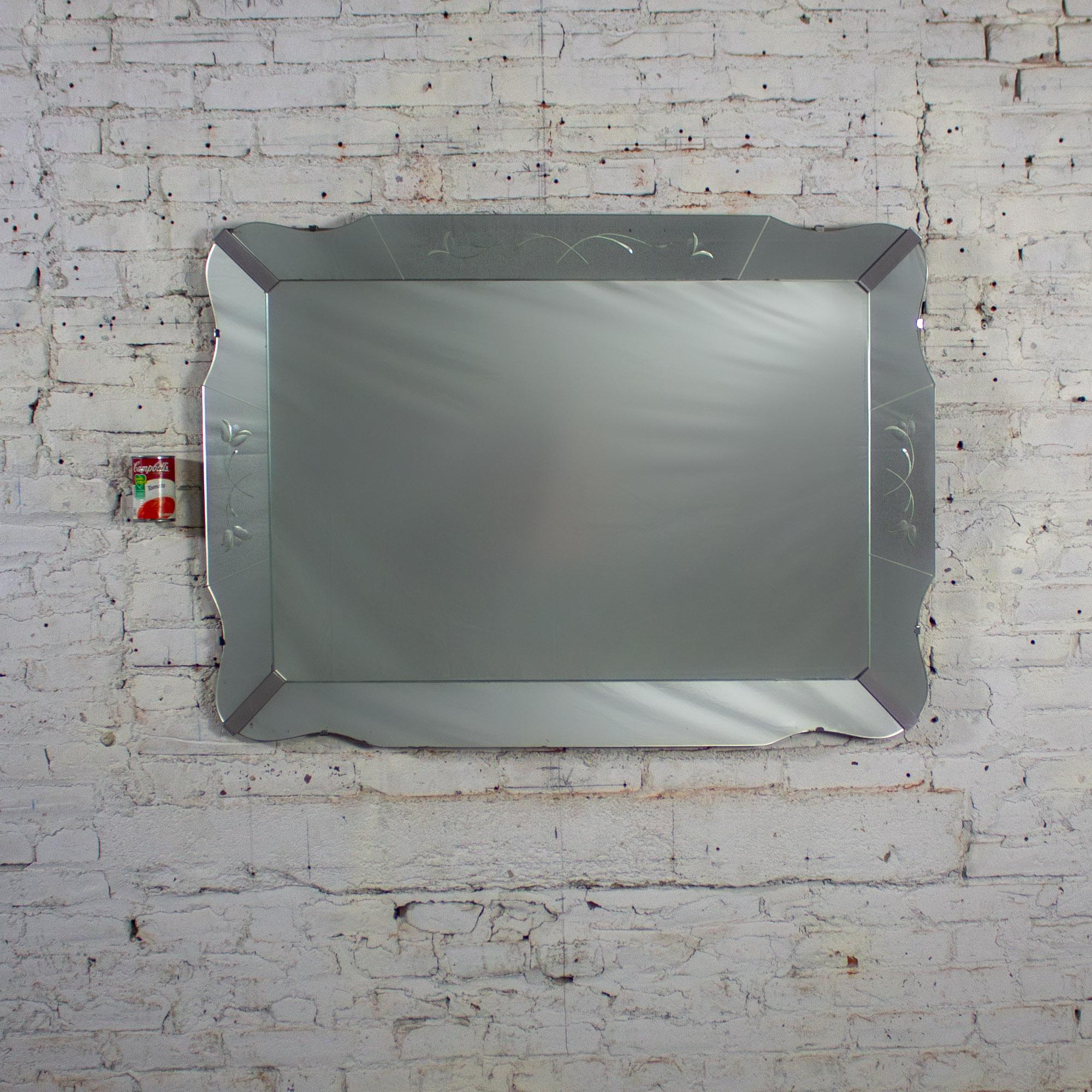 1930-1950’s Art Deco Large Wall Mirror Rectangular w/Curved Sides & Etched Venetian Glass