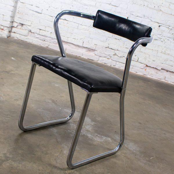 1920-1930’s Art Deco Streamline Moderne Side Chair Black Vinyl & Chrome Manner of Gilbert Rohde