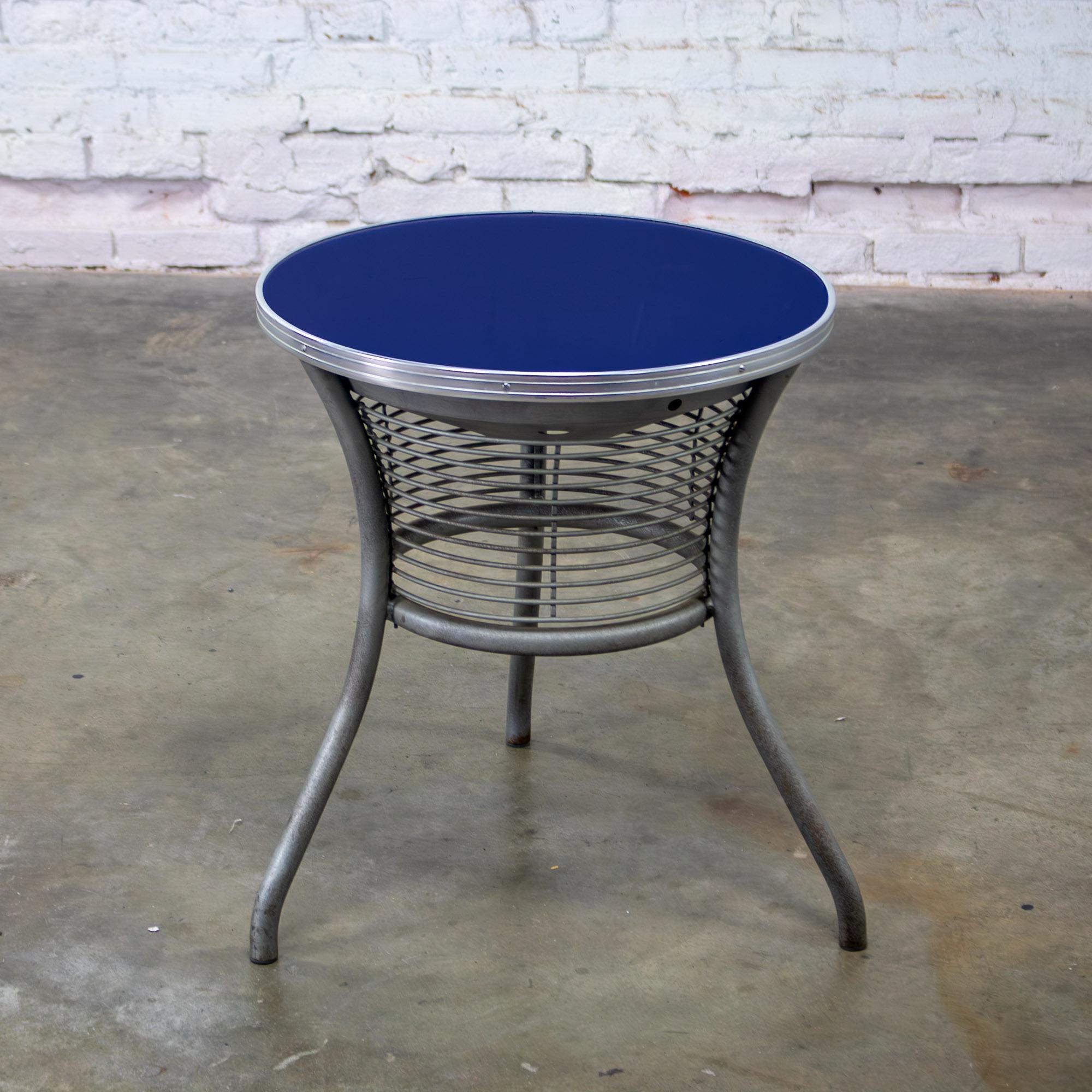 20th Century Streamline & Art Moderne End or Side Table w/ Steel Frame & Round Cobalt Blue Mirror Top