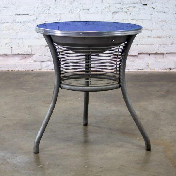20th Century Streamline & Art Moderne End or Side Table w/ Steel Frame & Round Cobalt Blue Mirror Top