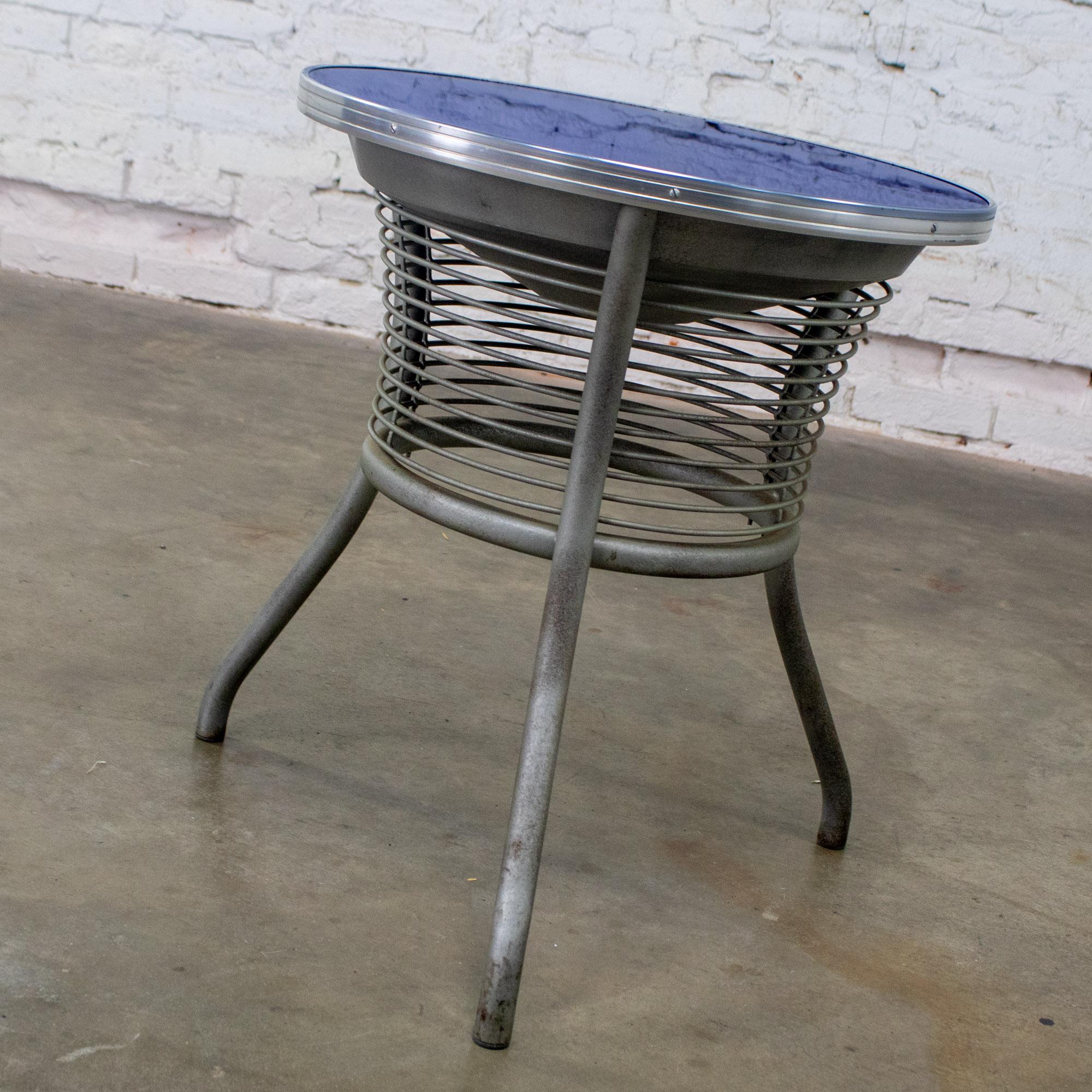 20th Century Streamline & Art Moderne End or Side Table w/ Steel Frame & Round Cobalt Blue Mirror Top