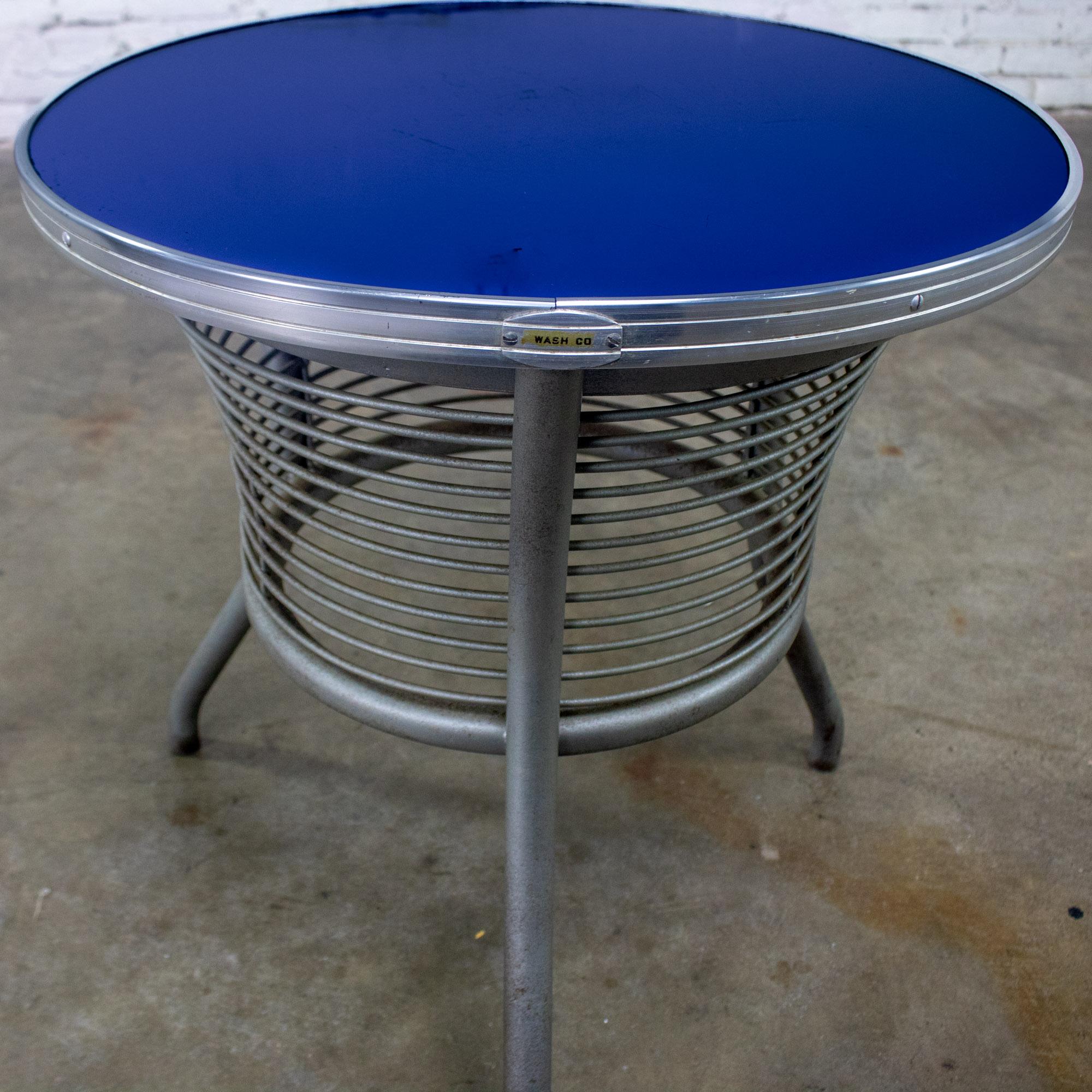 20th Century Streamline & Art Moderne End or Side Table w/ Steel Frame & Round Cobalt Blue Mirror Top