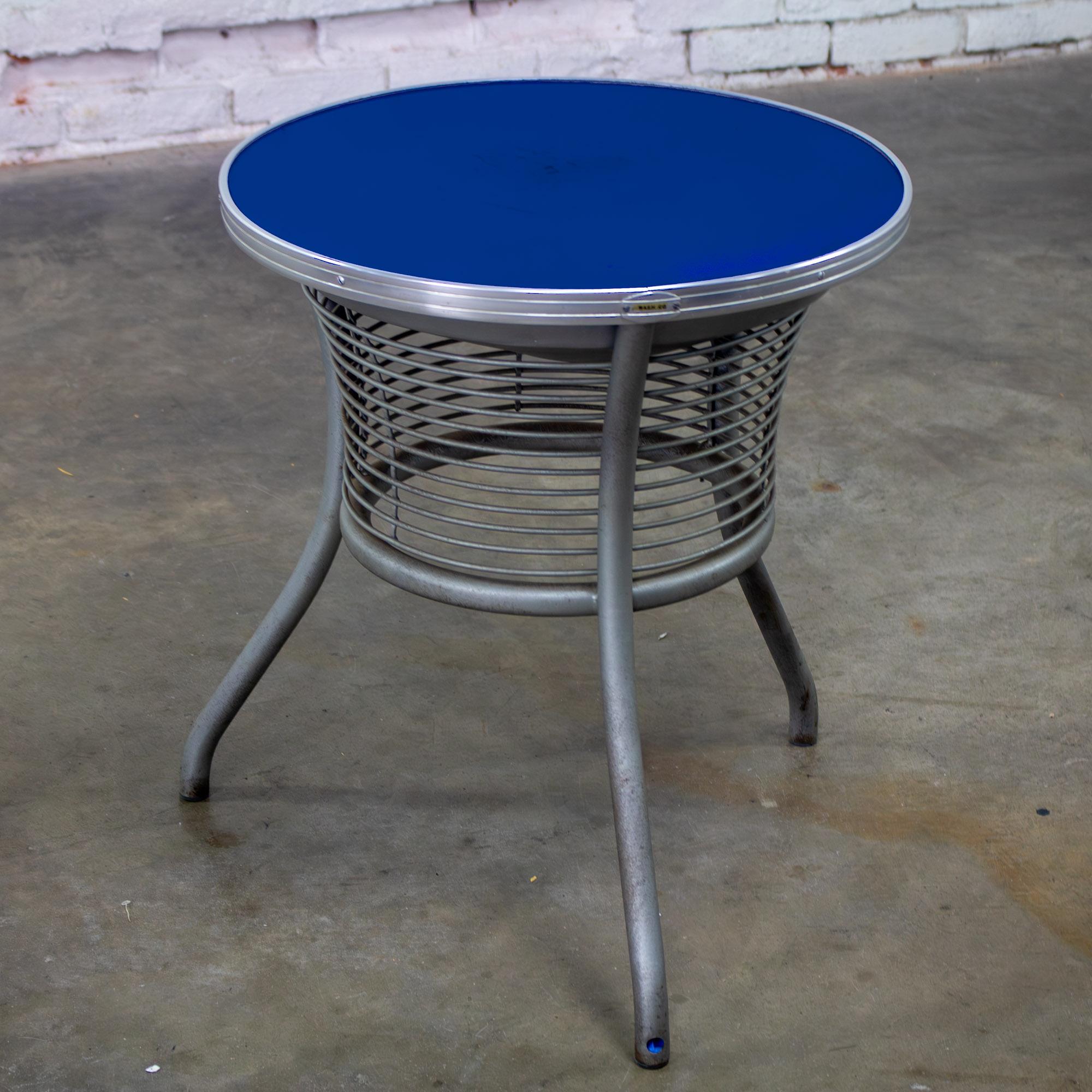 20th Century Streamline & Art Moderne End or Side Table w/ Steel Frame & Round Cobalt Blue Mirror Top
