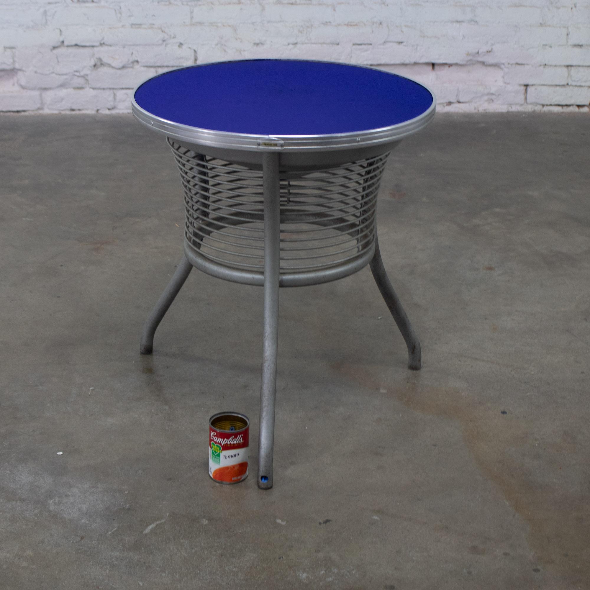20th Century Streamline & Art Moderne End or Side Table w/ Steel Frame & Round Cobalt Blue Mirror Top