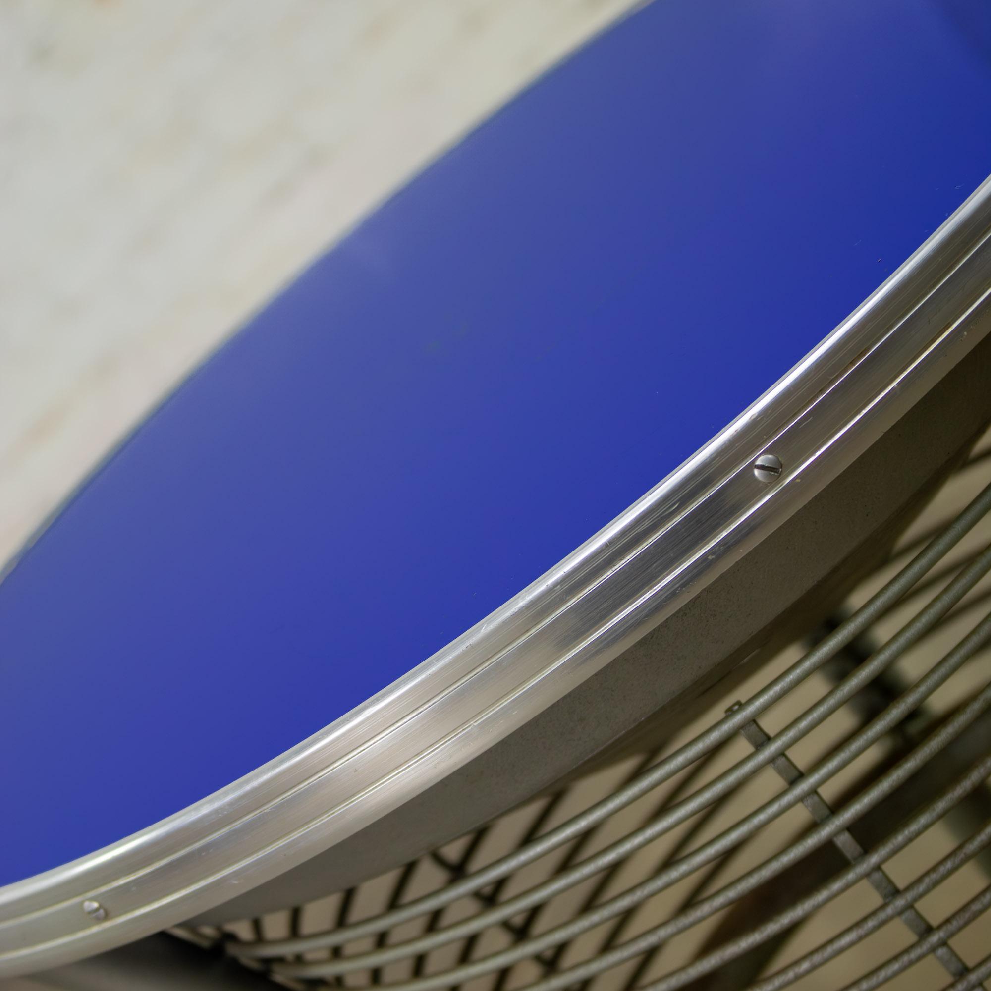 20th Century Streamline & Art Moderne End or Side Table w/ Steel Frame & Round Cobalt Blue Mirror Top