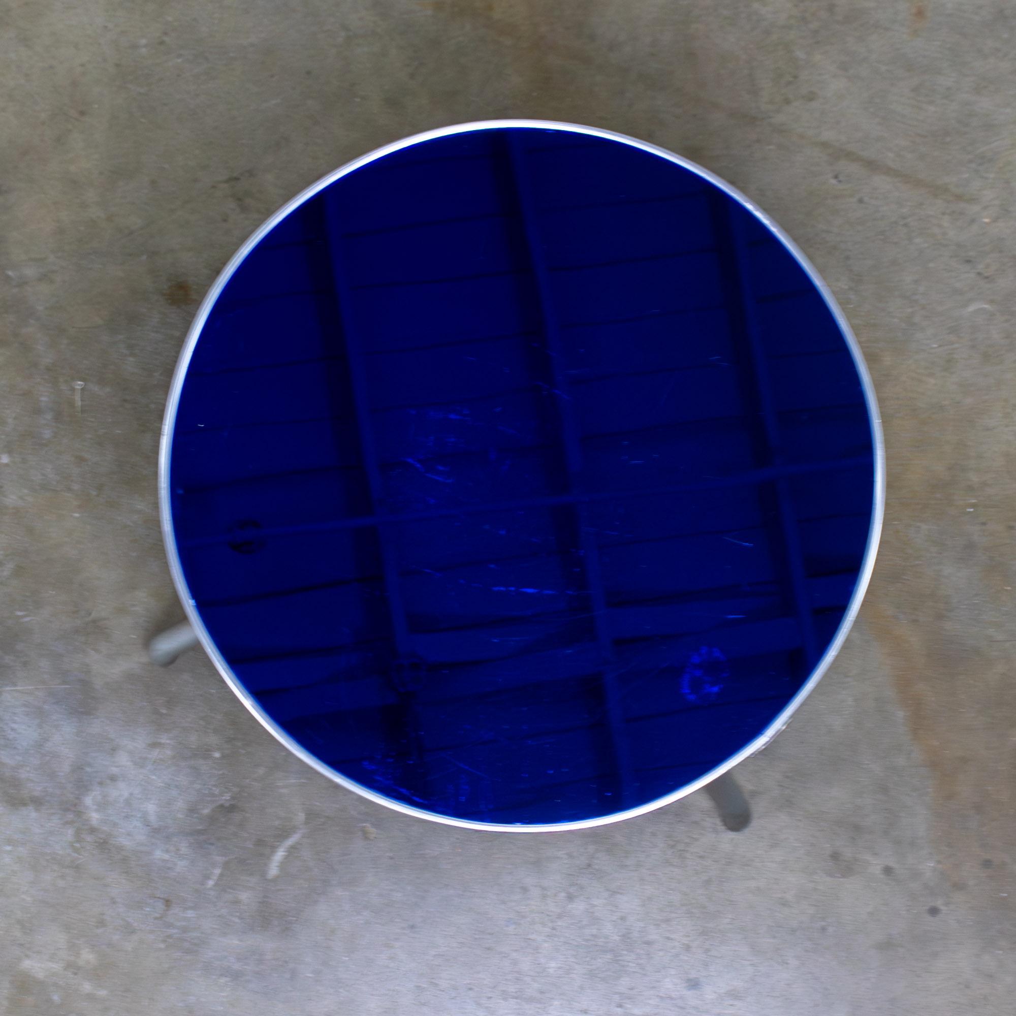 20th Century Streamline & Art Moderne End or Side Table w/ Steel Frame & Round Cobalt Blue Mirror Top