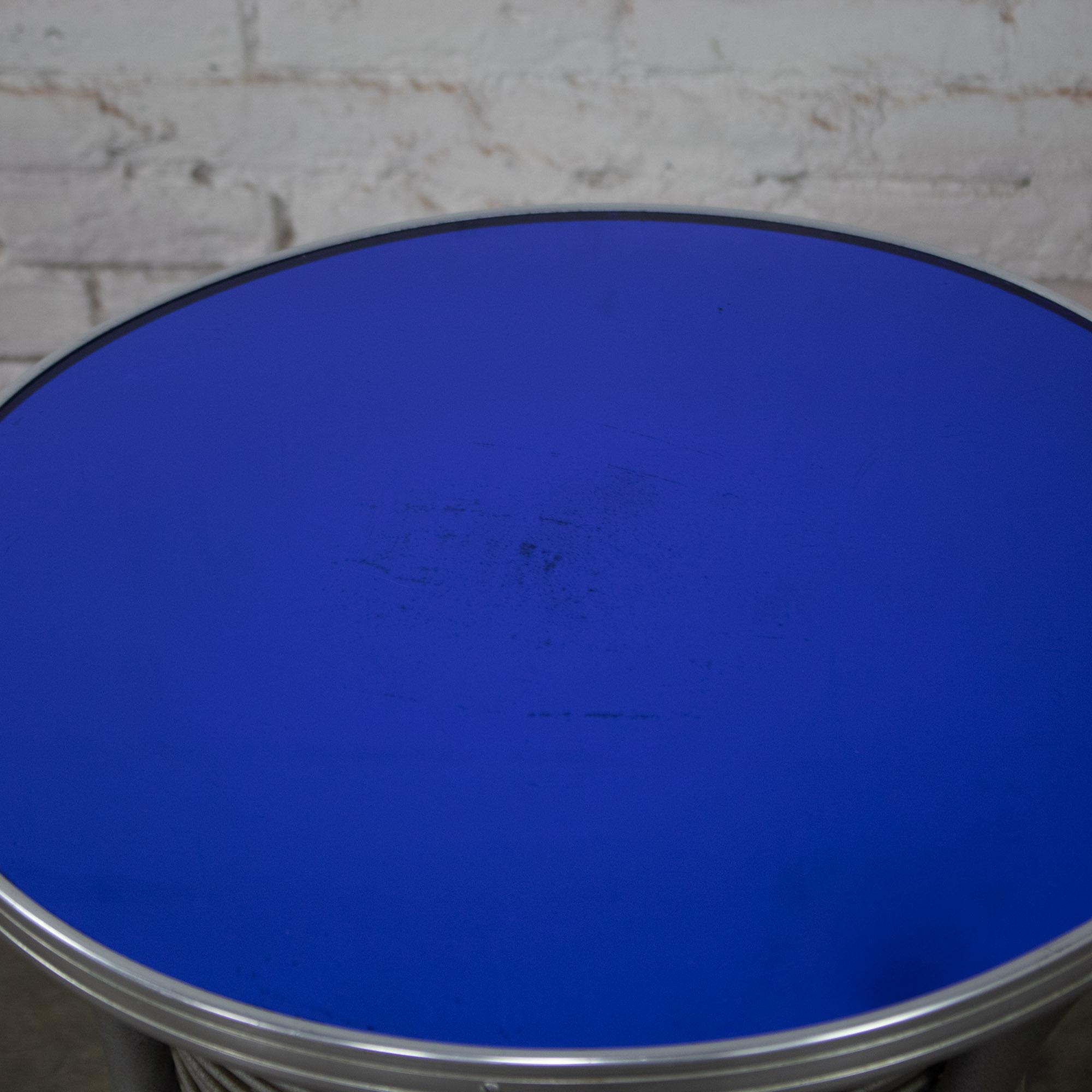 20th Century Streamline & Art Moderne End or Side Table w/ Steel Frame & Round Cobalt Blue Mirror Top