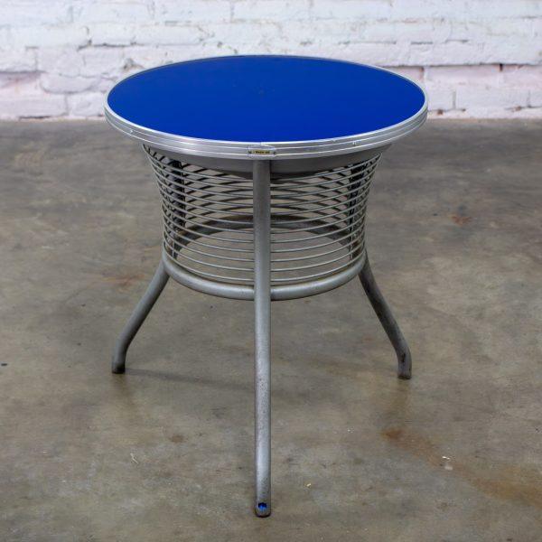 20th Century Streamline & Art Moderne End or Side Table w/ Steel Frame & Round Cobalt Blue Mirror Top