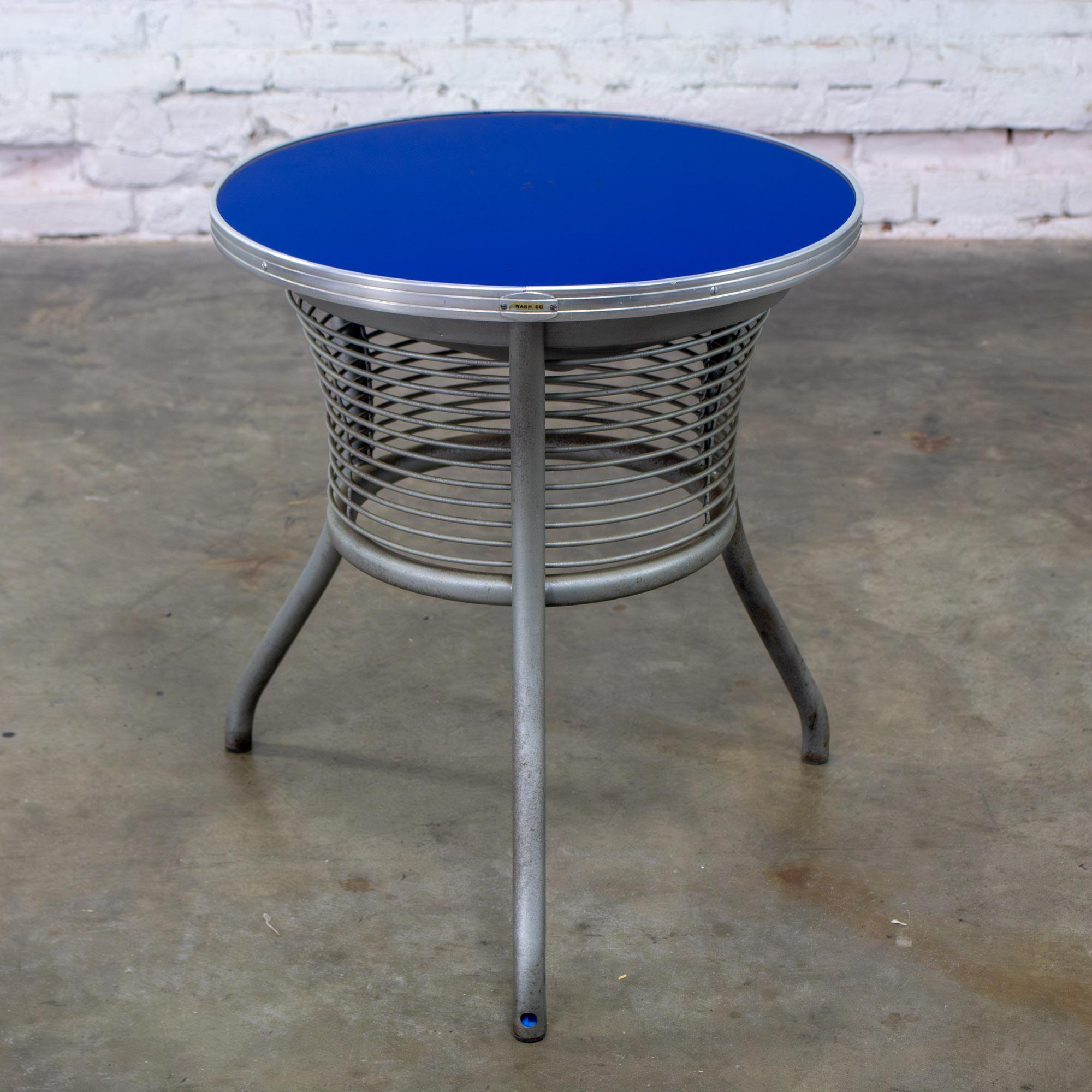 20th Century Streamline & Art Moderne End or Side Table w/ Steel Frame & Round Cobalt Blue Mirror Top
