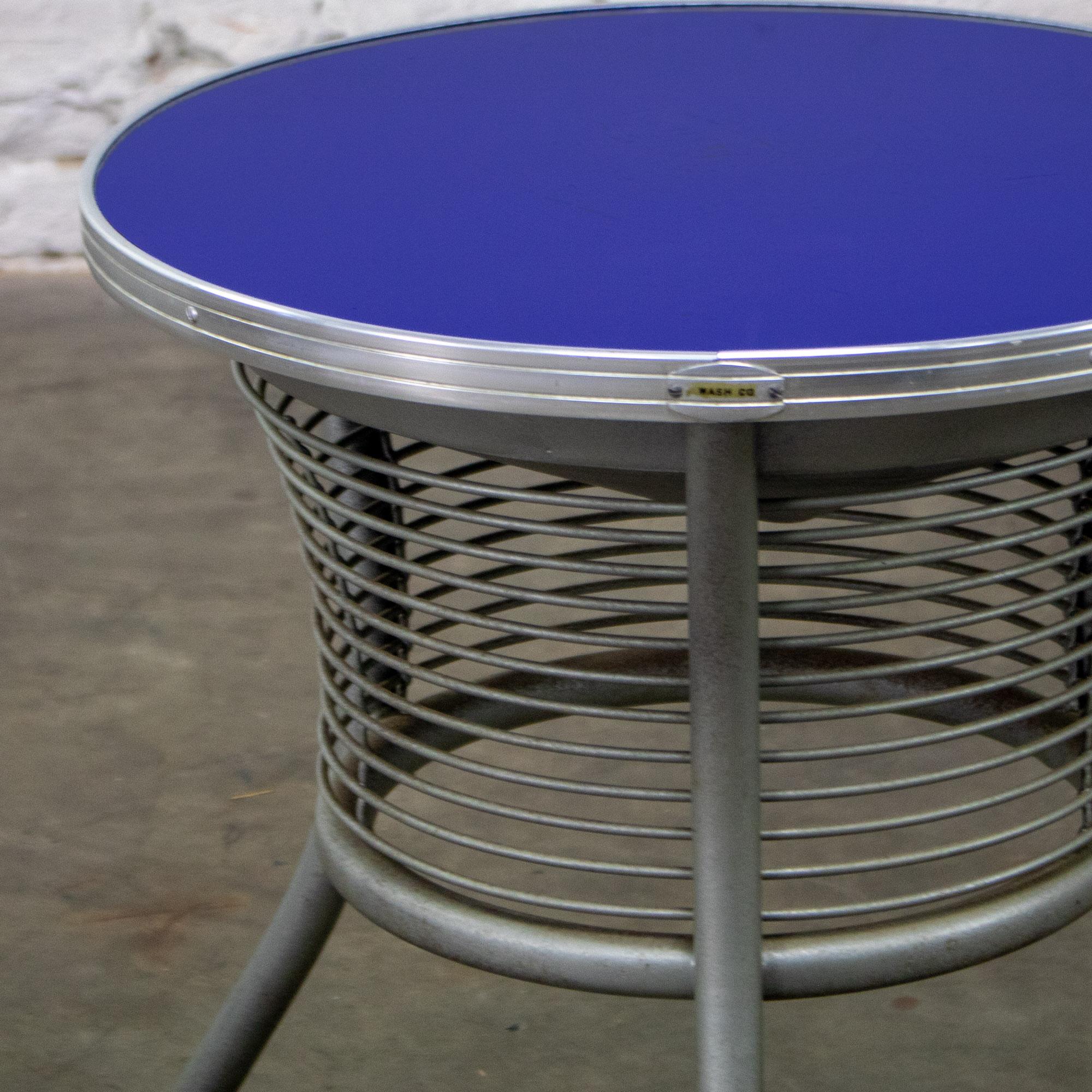 20th Century Streamline & Art Moderne End or Side Table w/ Steel Frame & Round Cobalt Blue Mirror Top