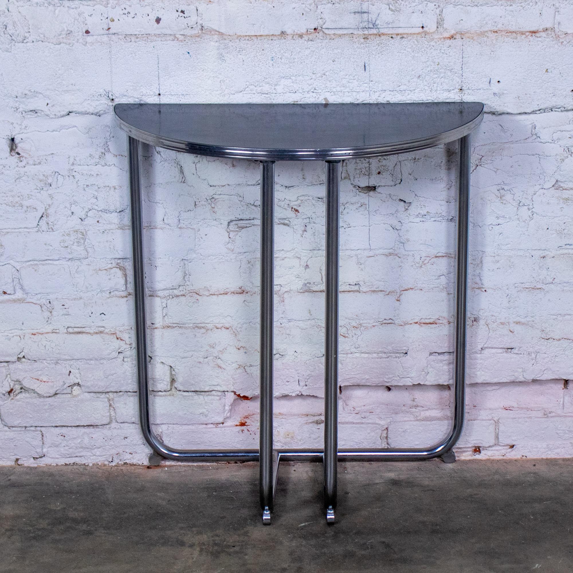 1920-1940’s Art Deco Streamline Moderne Royalchrome Demilune Side Table Chrome Tube Frame & Black Laminate Top