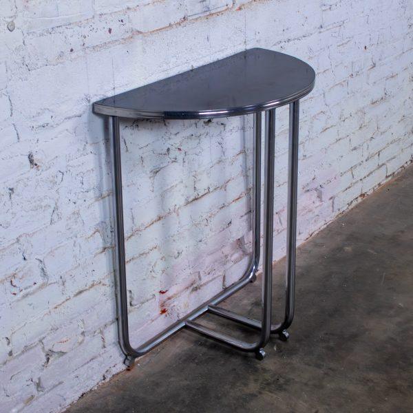 1920-1940’s Art Deco Streamline Moderne Royalchrome Demilune Side Table Chrome Tube Frame & Black Laminate Top