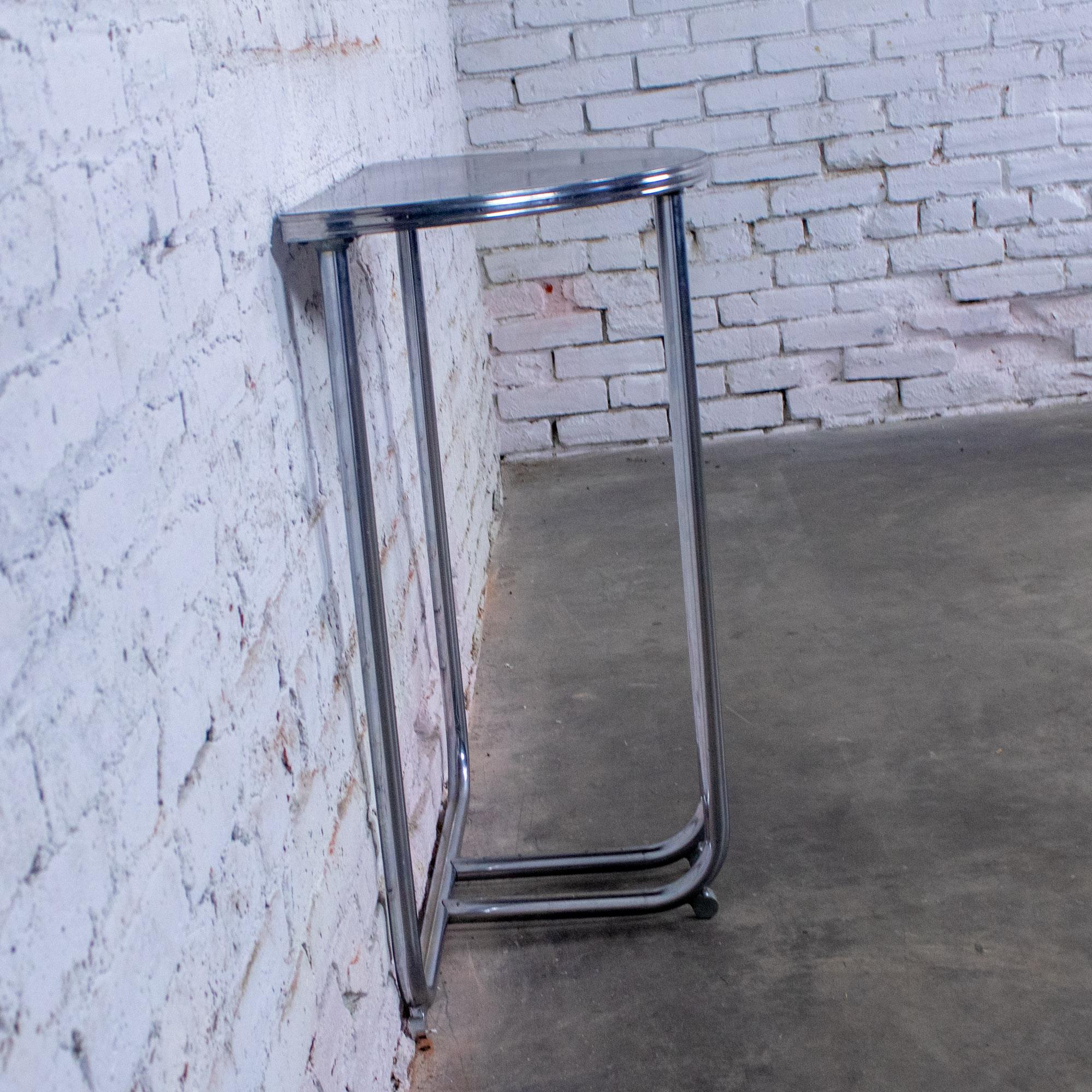 1920-1940’s Art Deco Streamline Moderne Royalchrome Demilune Side Table Chrome Tube Frame & Black Laminate Top