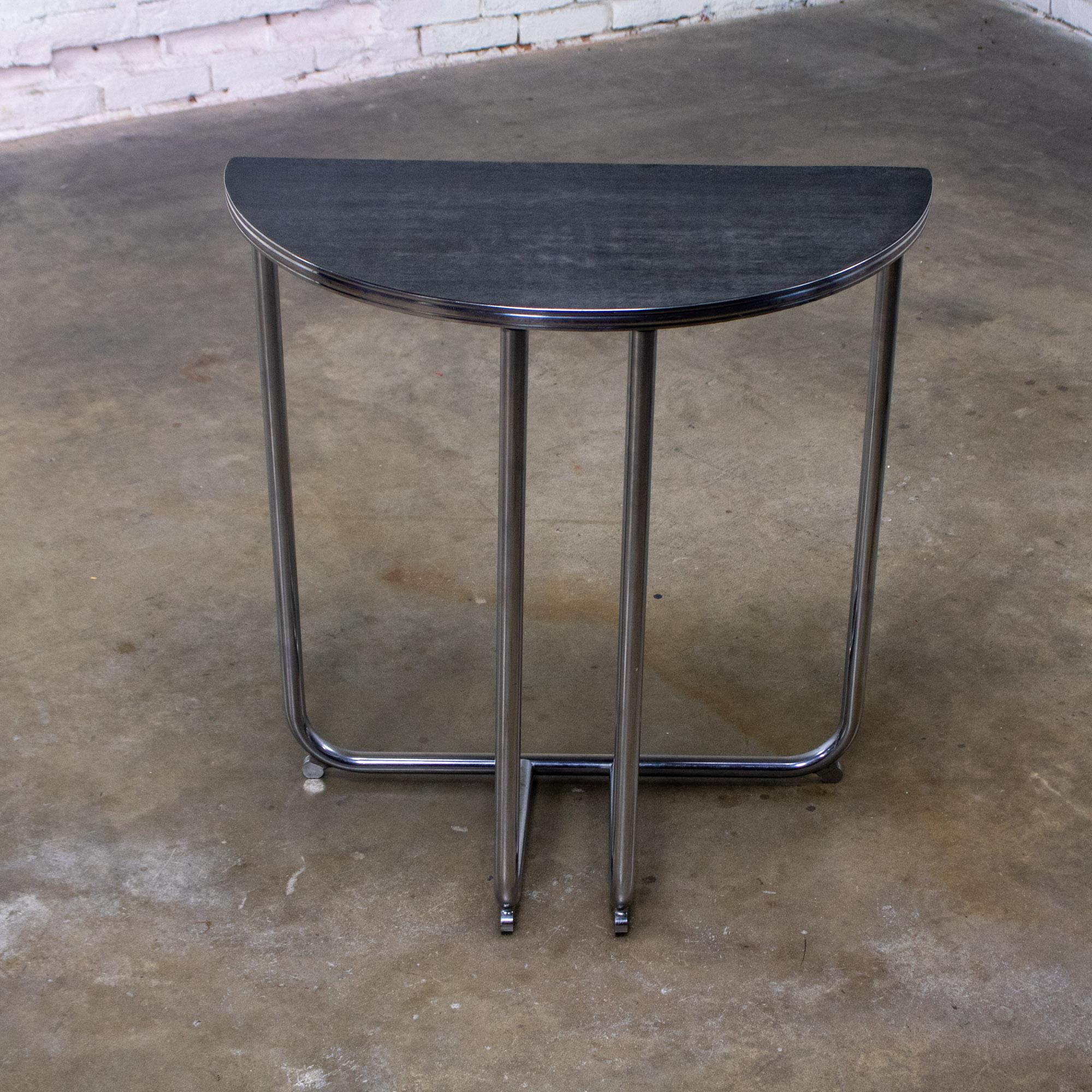 1920-1940’s Art Deco Streamline Moderne Royalchrome Demilune Side Table Chrome Tube Frame & Black Laminate Top