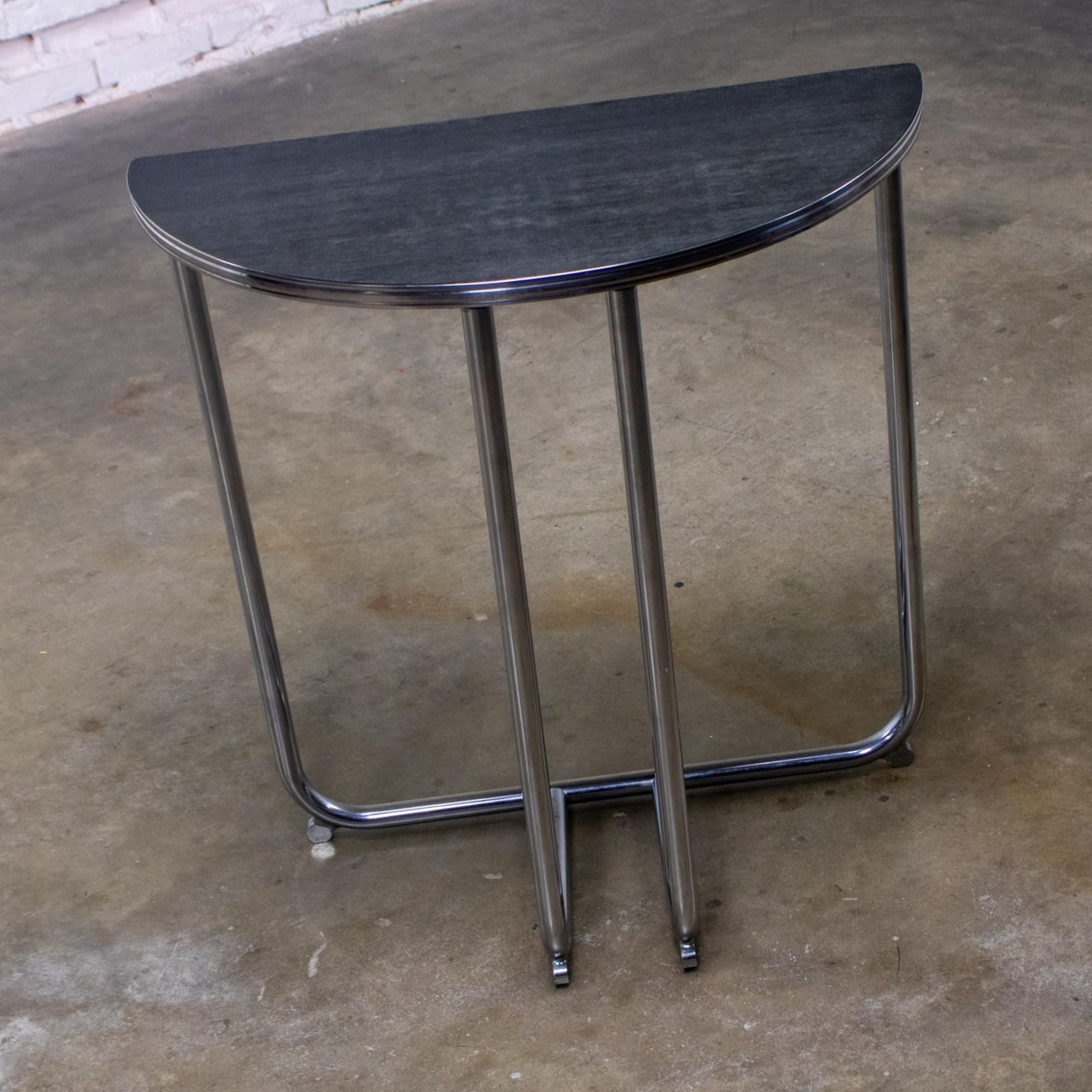 1920-1940’s Art Deco Streamline Moderne Royalchrome Demilune Side Table Chrome Tube Frame & Black Laminate Top