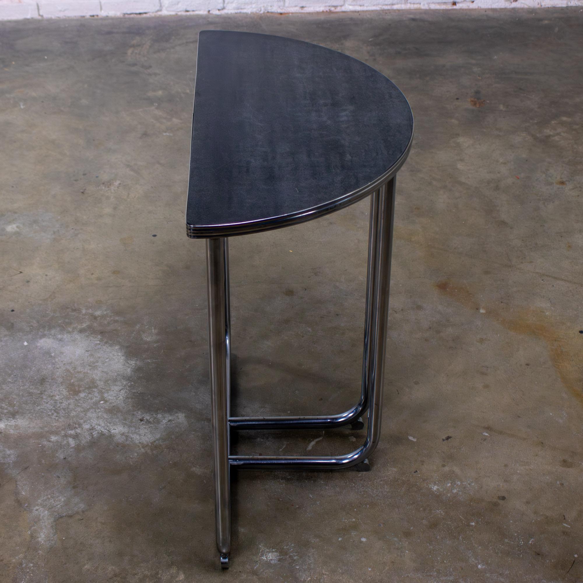 1920-1940’s Art Deco Streamline Moderne Royalchrome Demilune Side Table Chrome Tube Frame & Black Laminate Top