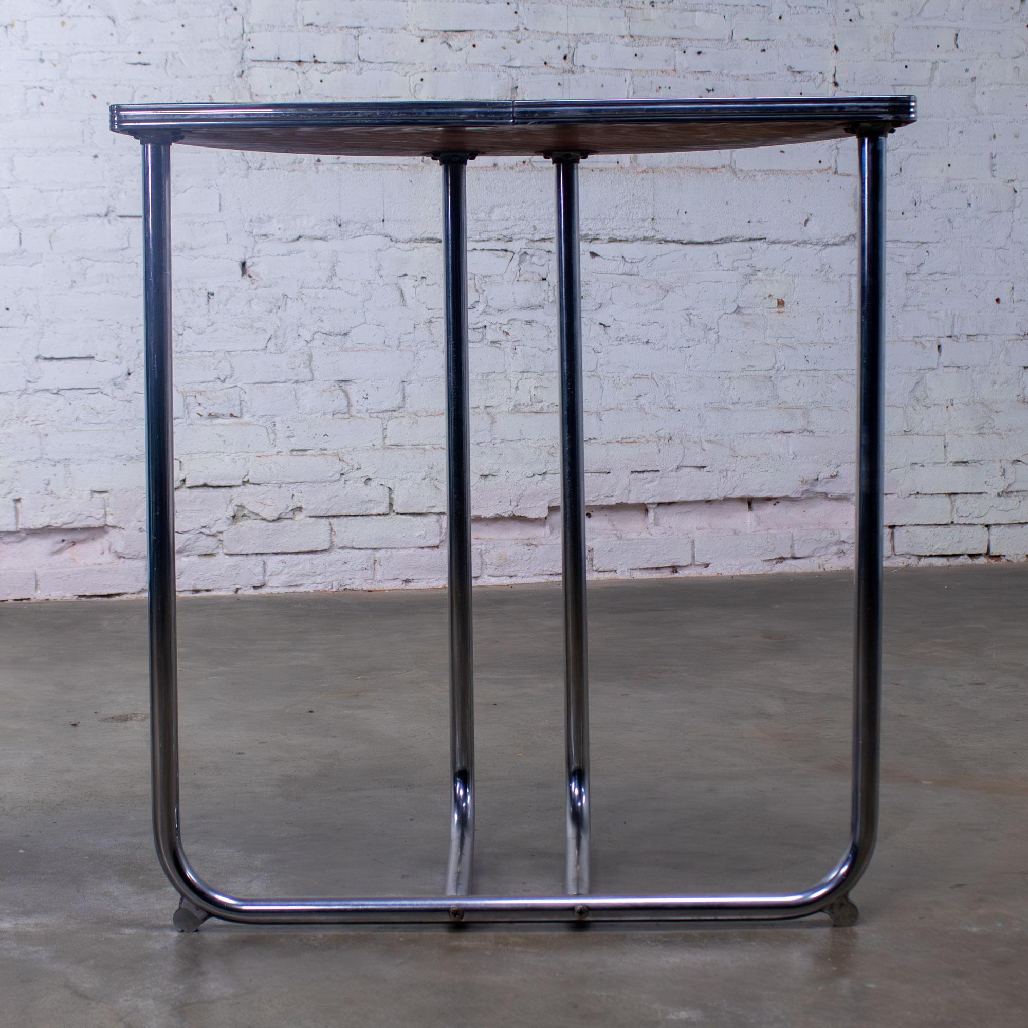 1920-1940’s Art Deco Streamline Moderne Royalchrome Demilune Side Table Chrome Tube Frame & Black Laminate Top