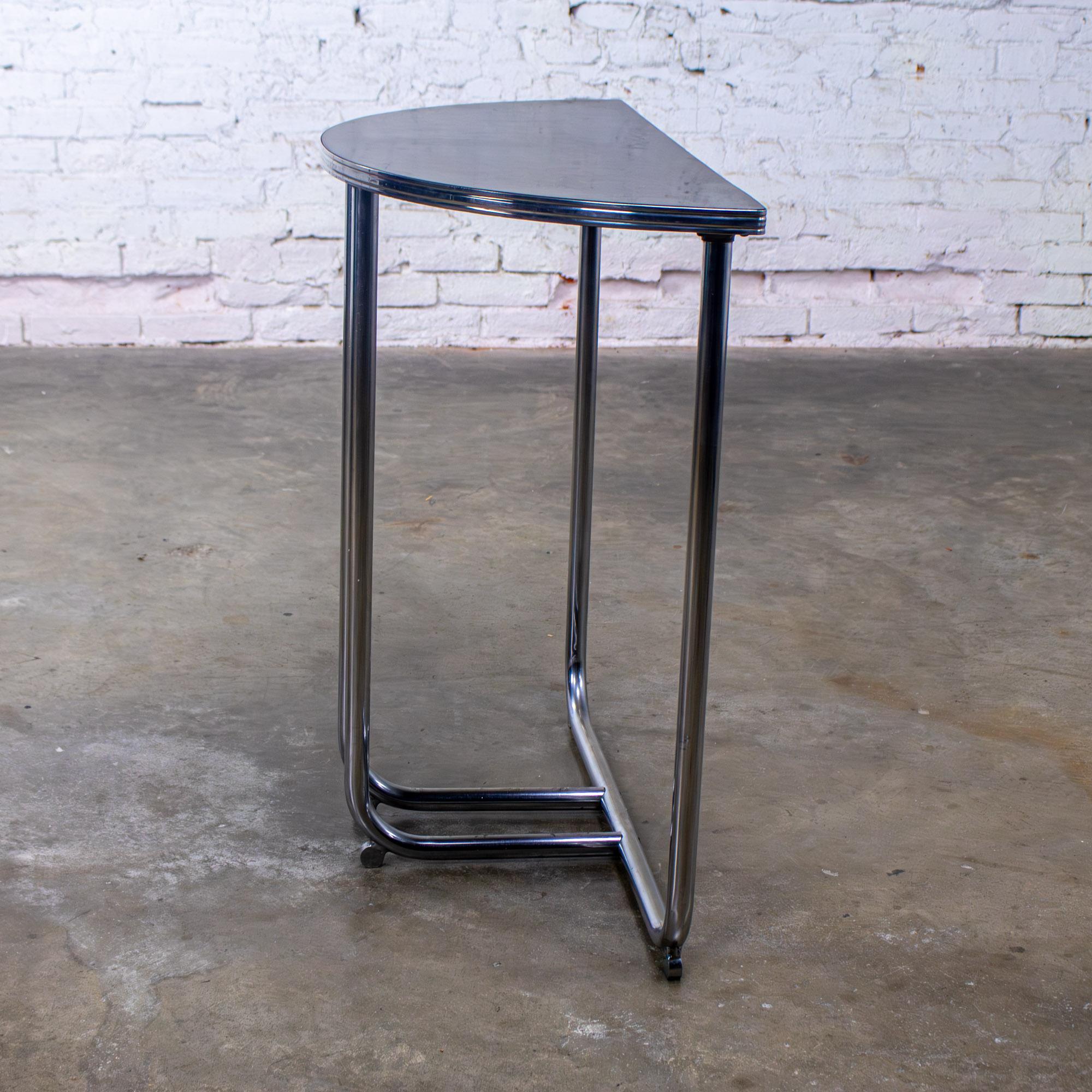 1920-1940’s Art Deco Streamline Moderne Royalchrome Demilune Side Table Chrome Tube Frame & Black Laminate Top