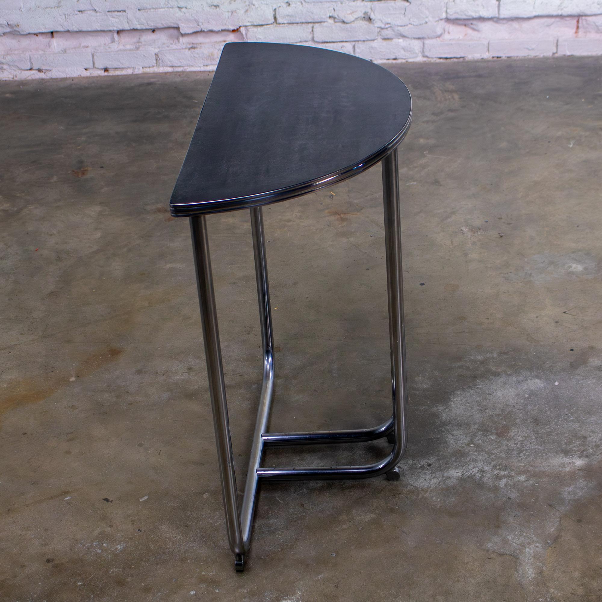 1920-1940’s Art Deco Streamline Moderne Royalchrome Demilune Side Table Chrome Tube Frame & Black Laminate Top