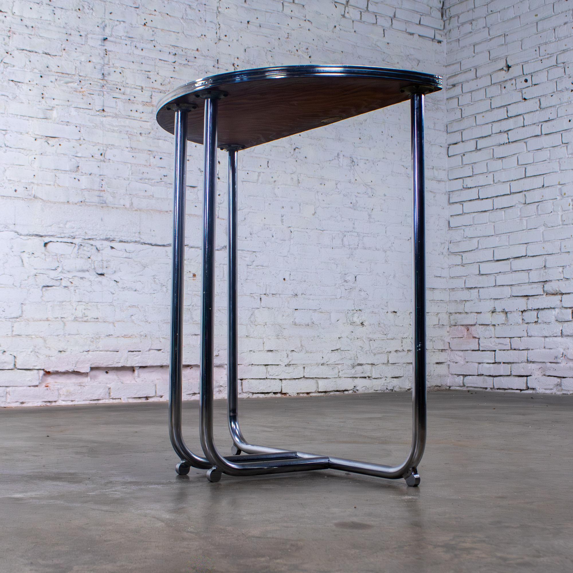 1920-1940’s Art Deco Streamline Moderne Royalchrome Demilune Side Table Chrome Tube Frame & Black Laminate Top