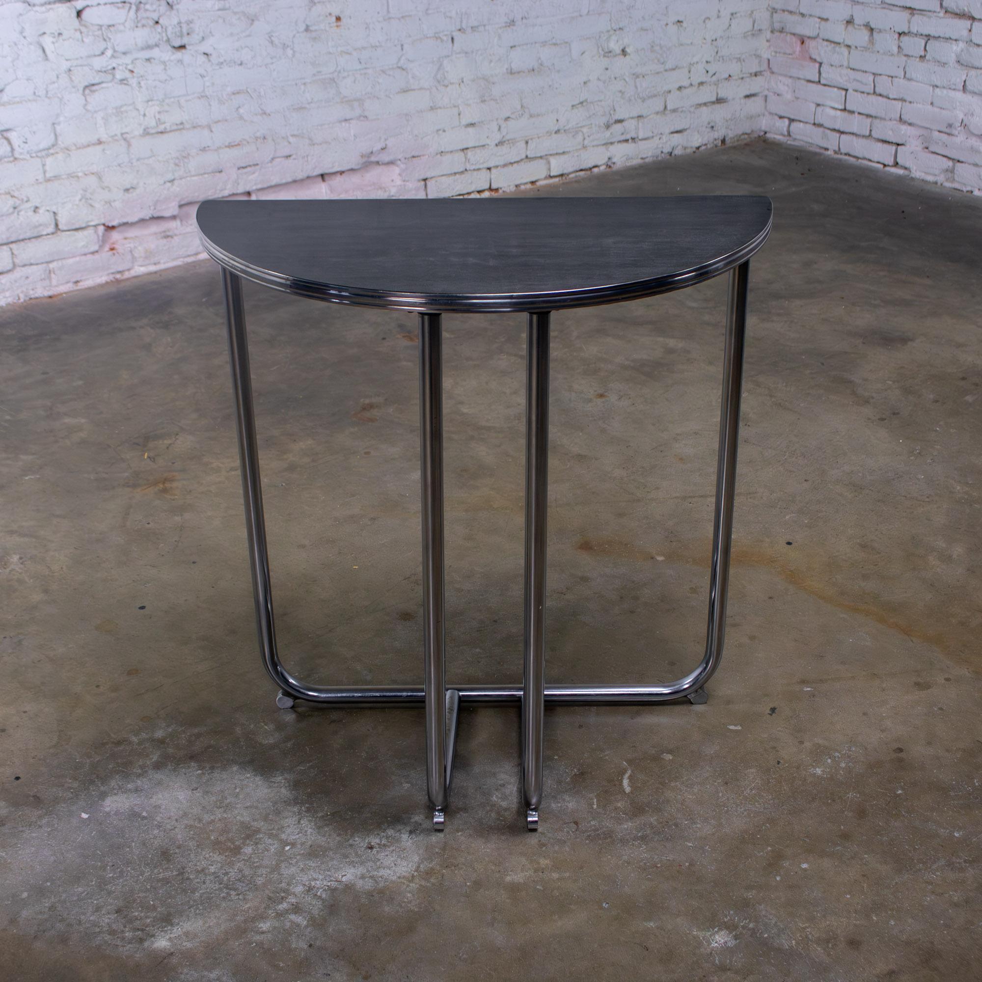 1920-1940’s Art Deco Streamline Moderne Royalchrome Demilune Side Table Chrome Tube Frame & Black Laminate Top