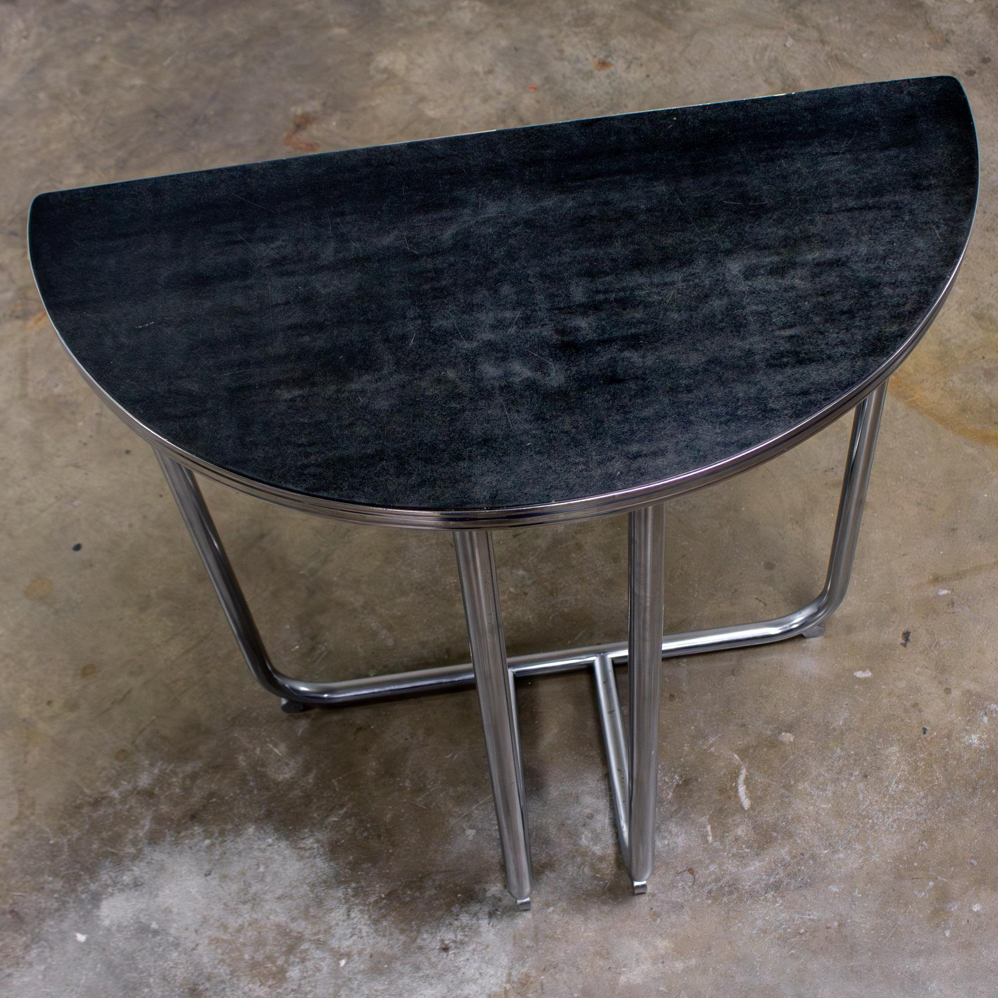 1920-1940’s Art Deco Streamline Moderne Royalchrome Demilune Side Table Chrome Tube Frame & Black Laminate Top