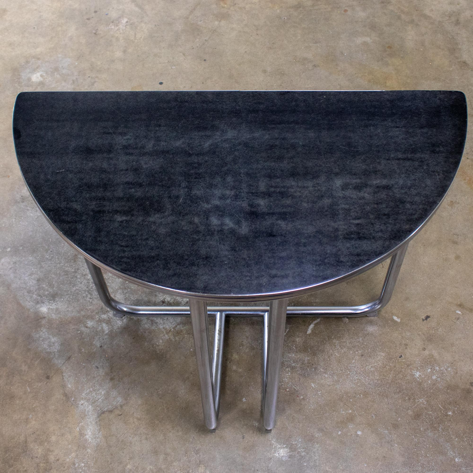 1920-1940’s Art Deco Streamline Moderne Royalchrome Demilune Side Table Chrome Tube Frame & Black Laminate Top