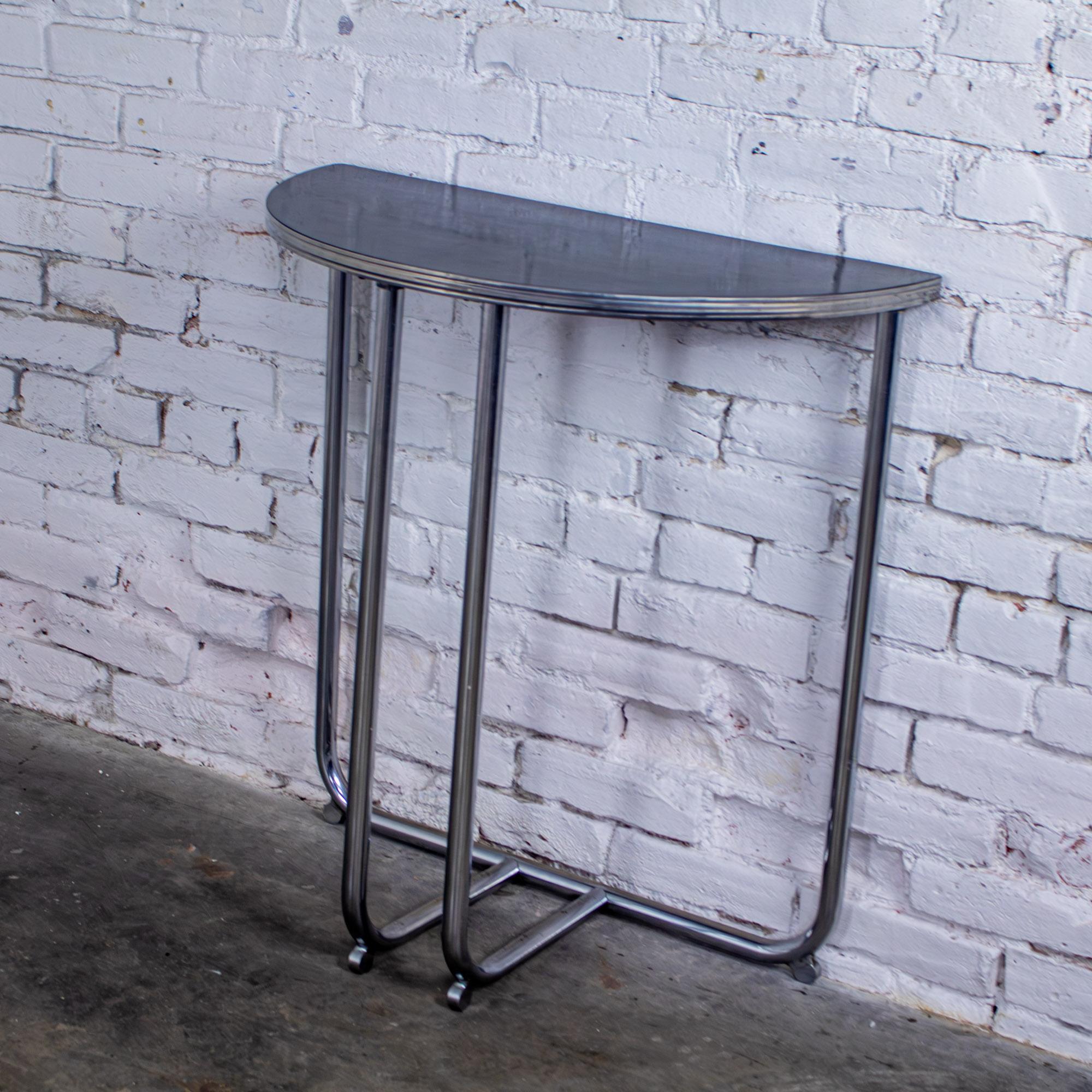 1920-1940’s Art Deco Streamline Moderne Royalchrome Demilune Side Table Chrome Tube Frame & Black Laminate Top