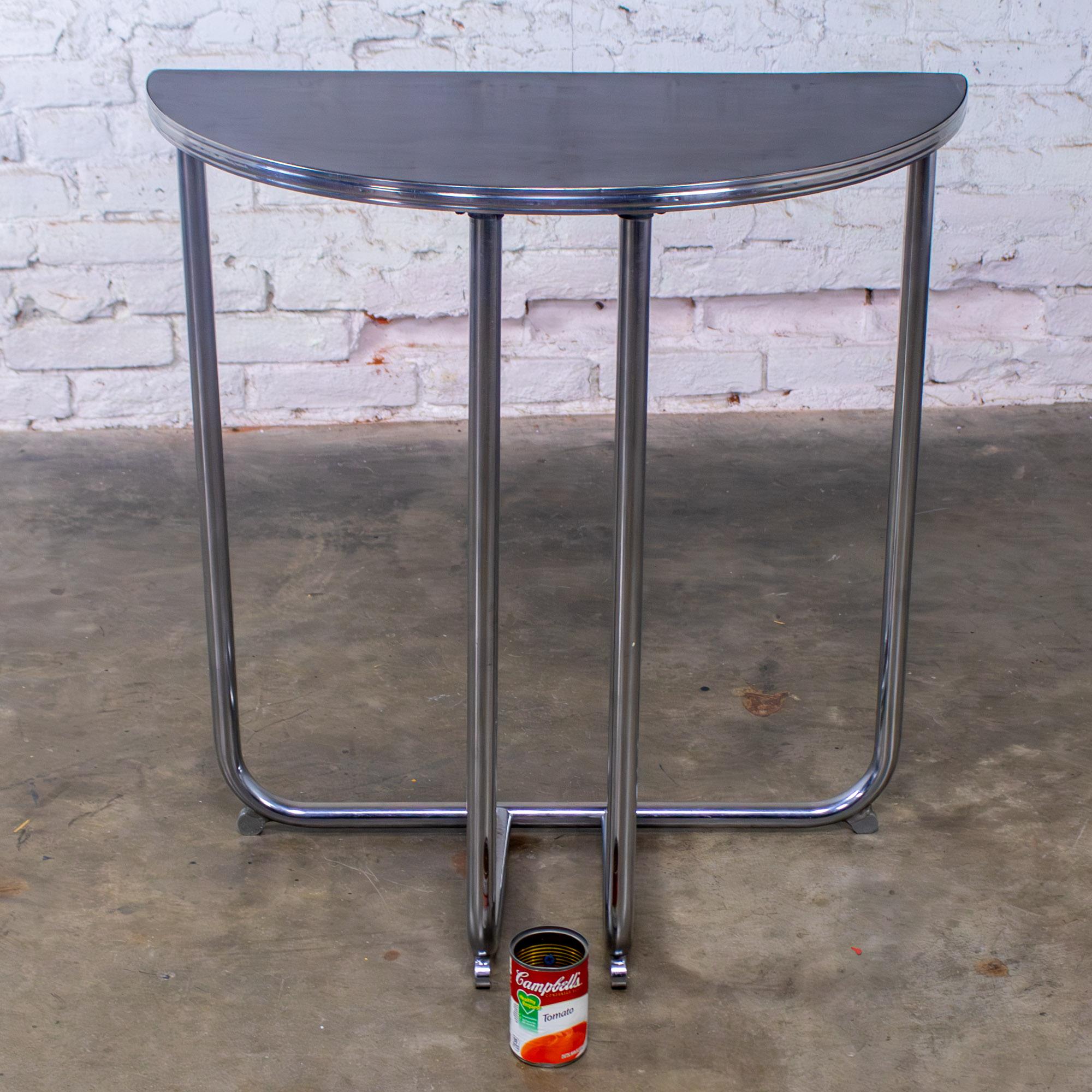 1920-1940’s Art Deco Streamline Moderne Royalchrome Demilune Side Table Chrome Tube Frame & Black Laminate Top
