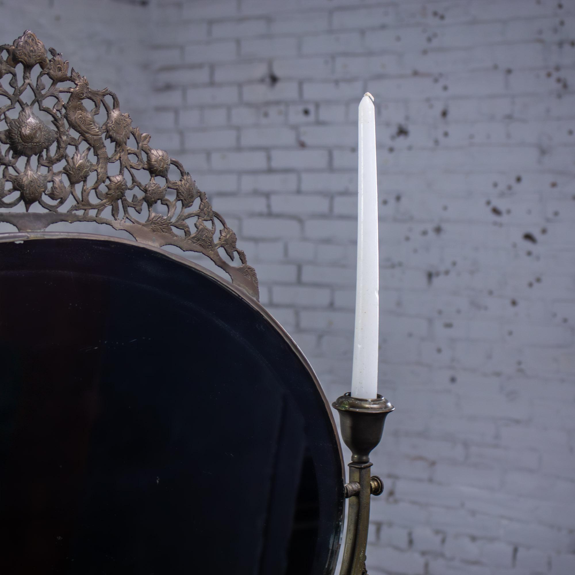 Late 19th to Early 20th Century Art Nouveau Metal Tabletop Vanity Oval Beveled Mirror w/Candle Holders