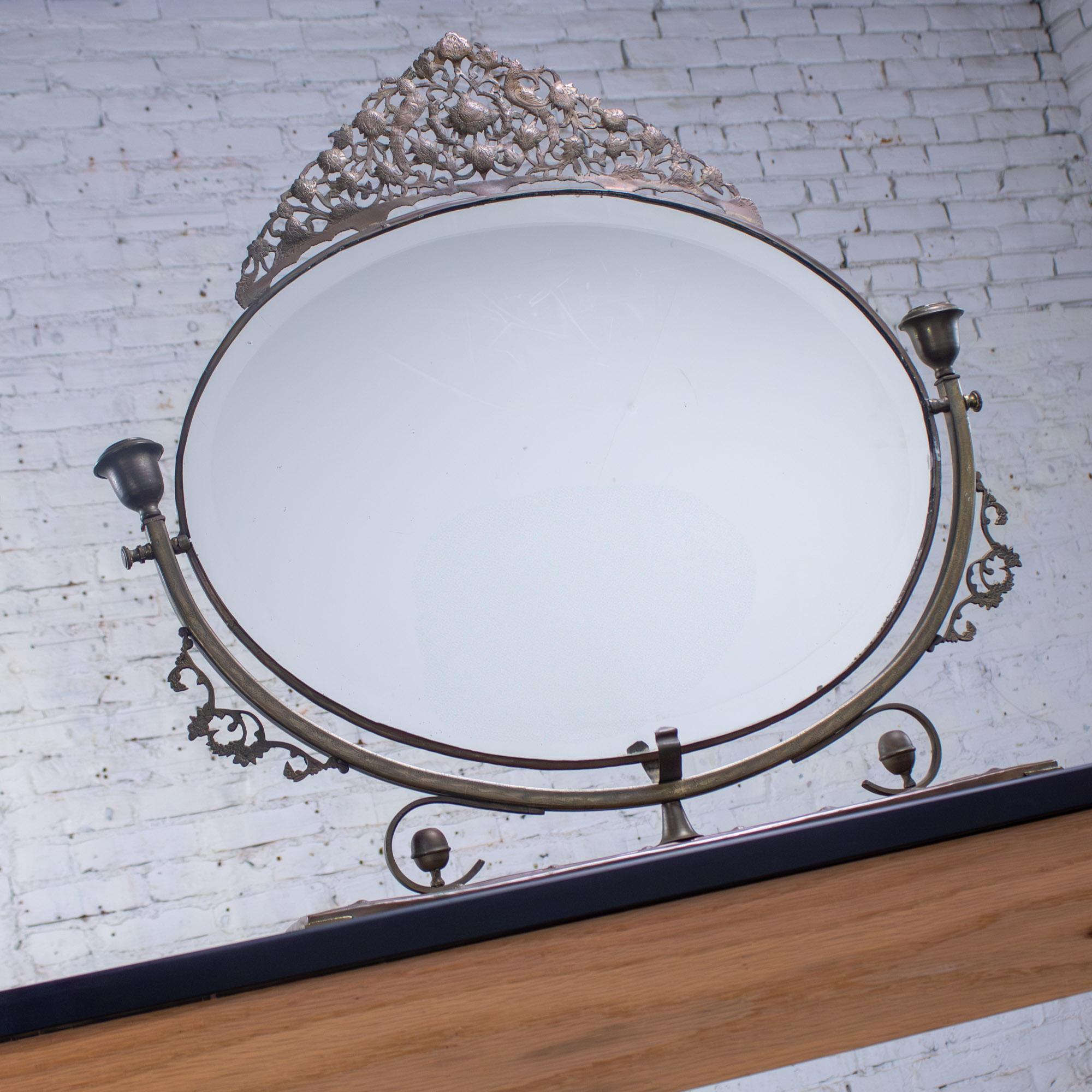 Late 19th to Early 20th Century Art Nouveau Metal Tabletop Vanity Oval Beveled Mirror w/Candle Holders
