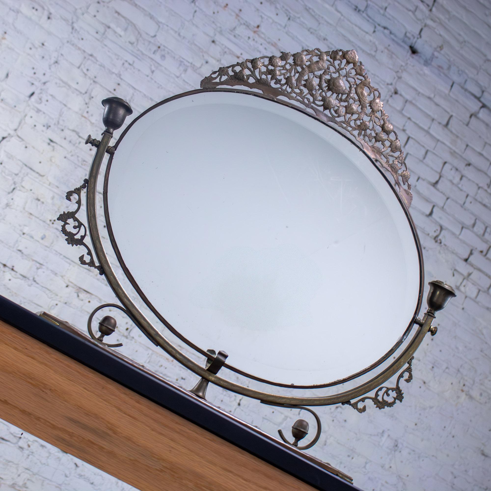 Late 19th to Early 20th Century Art Nouveau Metal Tabletop Vanity Oval Beveled Mirror w/Candle Holders