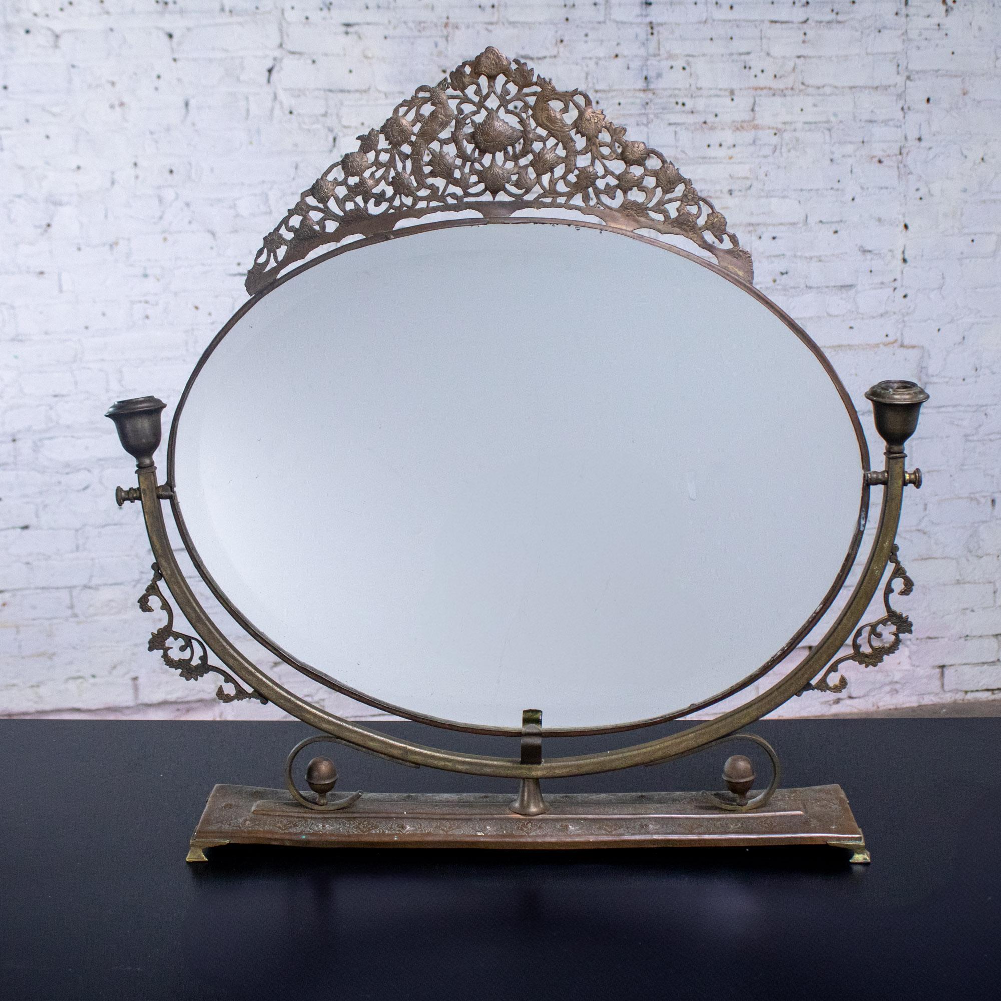 Late 19th to Early 20th Century Art Nouveau Metal Tabletop Vanity Oval Beveled Mirror w/Candle Holders