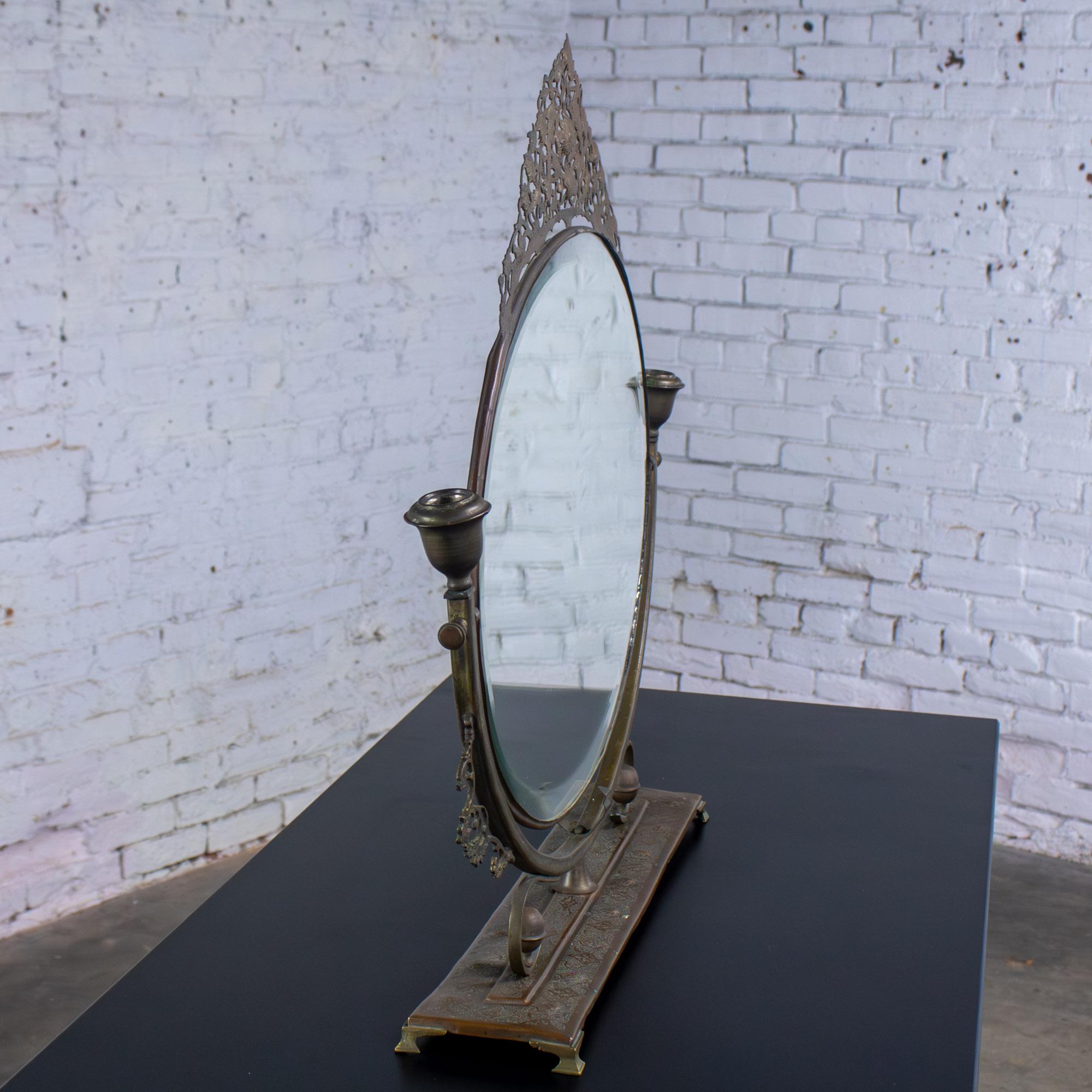 Late 19th to Early 20th Century Art Nouveau Metal Tabletop Vanity Oval Beveled Mirror w/Candle Holders