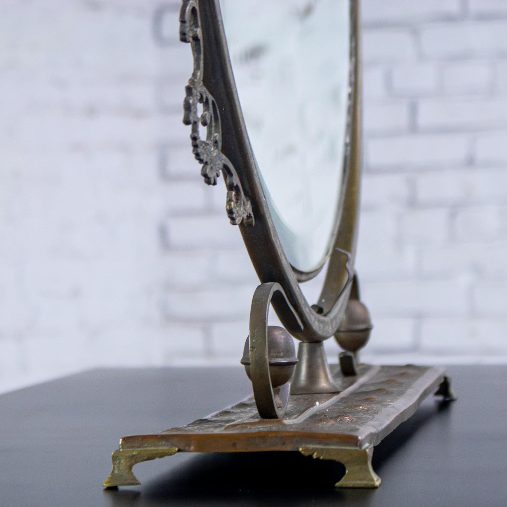 Late 19th to Early 20th Century Art Nouveau Metal Tabletop Vanity Oval Beveled Mirror w/Candle Holders