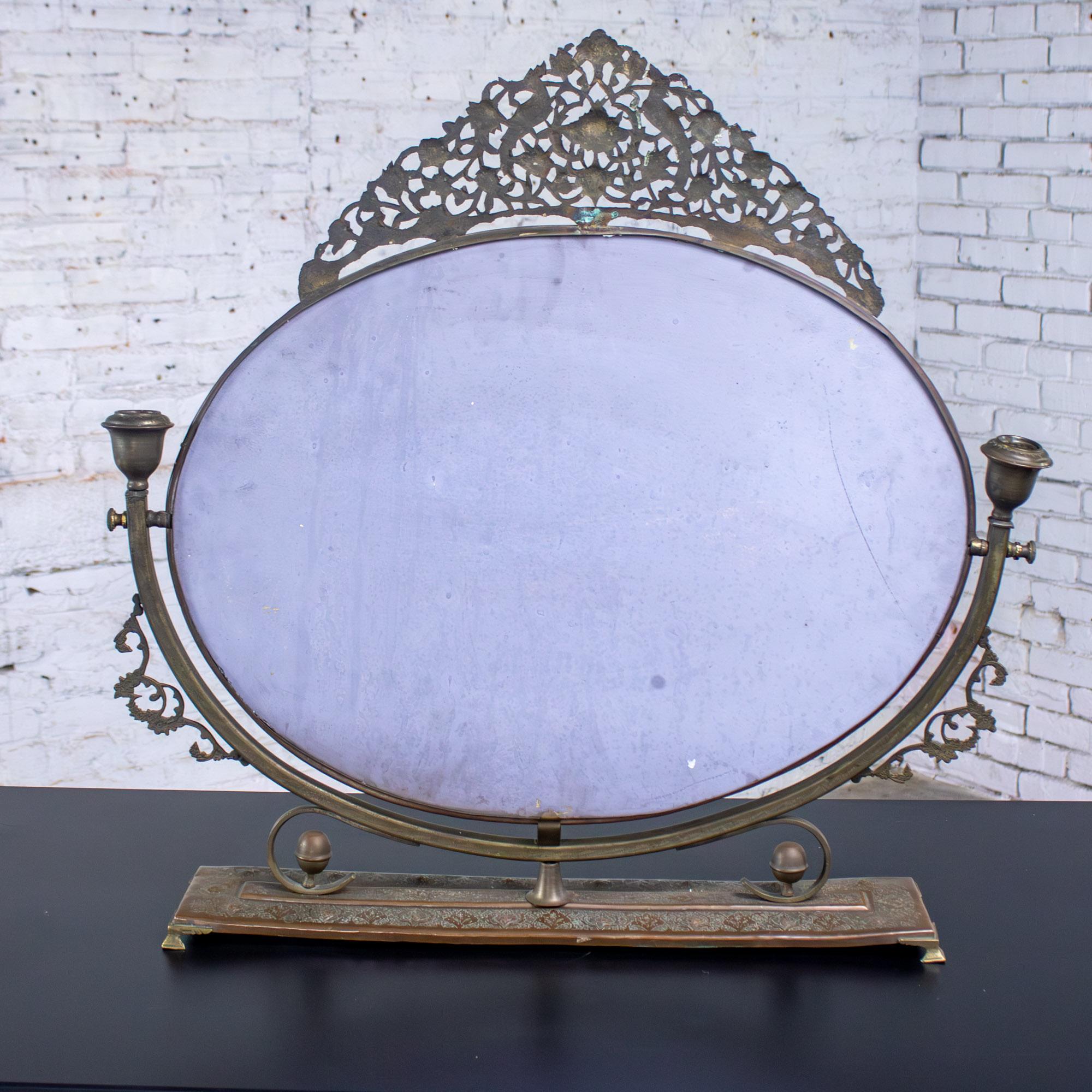 Late 19th to Early 20th Century Art Nouveau Metal Tabletop Vanity Oval Beveled Mirror w/Candle Holders