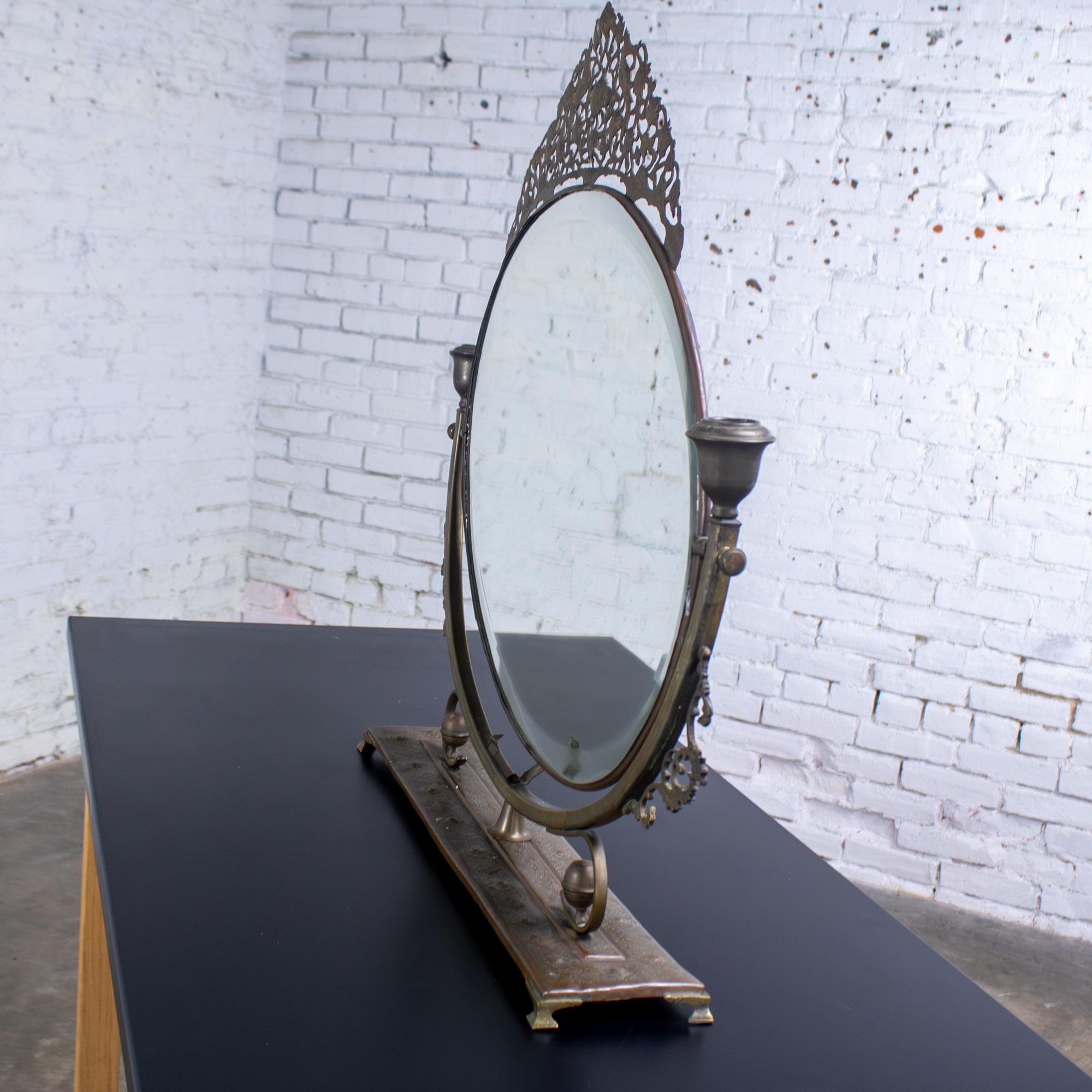 Late 19th to Early 20th Century Art Nouveau Metal Tabletop Vanity Oval Beveled Mirror w/Candle Holders