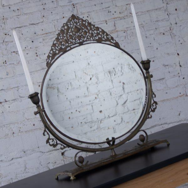 Late 19th to Early 20th Century Art Nouveau Metal Tabletop Vanity Oval Beveled Mirror w/Candle Holders