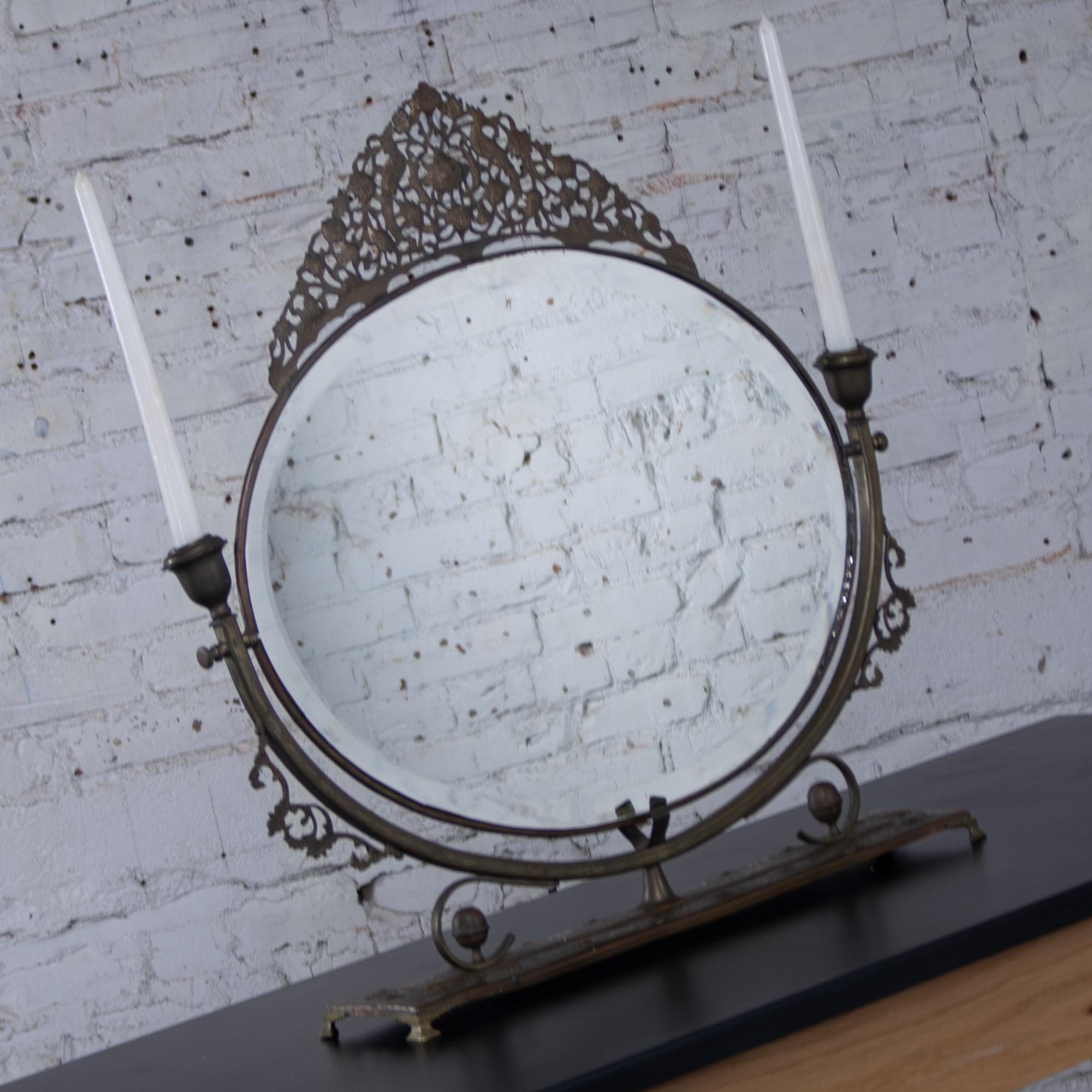Late 19th to Early 20th Century Art Nouveau Metal Tabletop Vanity Oval Beveled Mirror w/Candle Holders