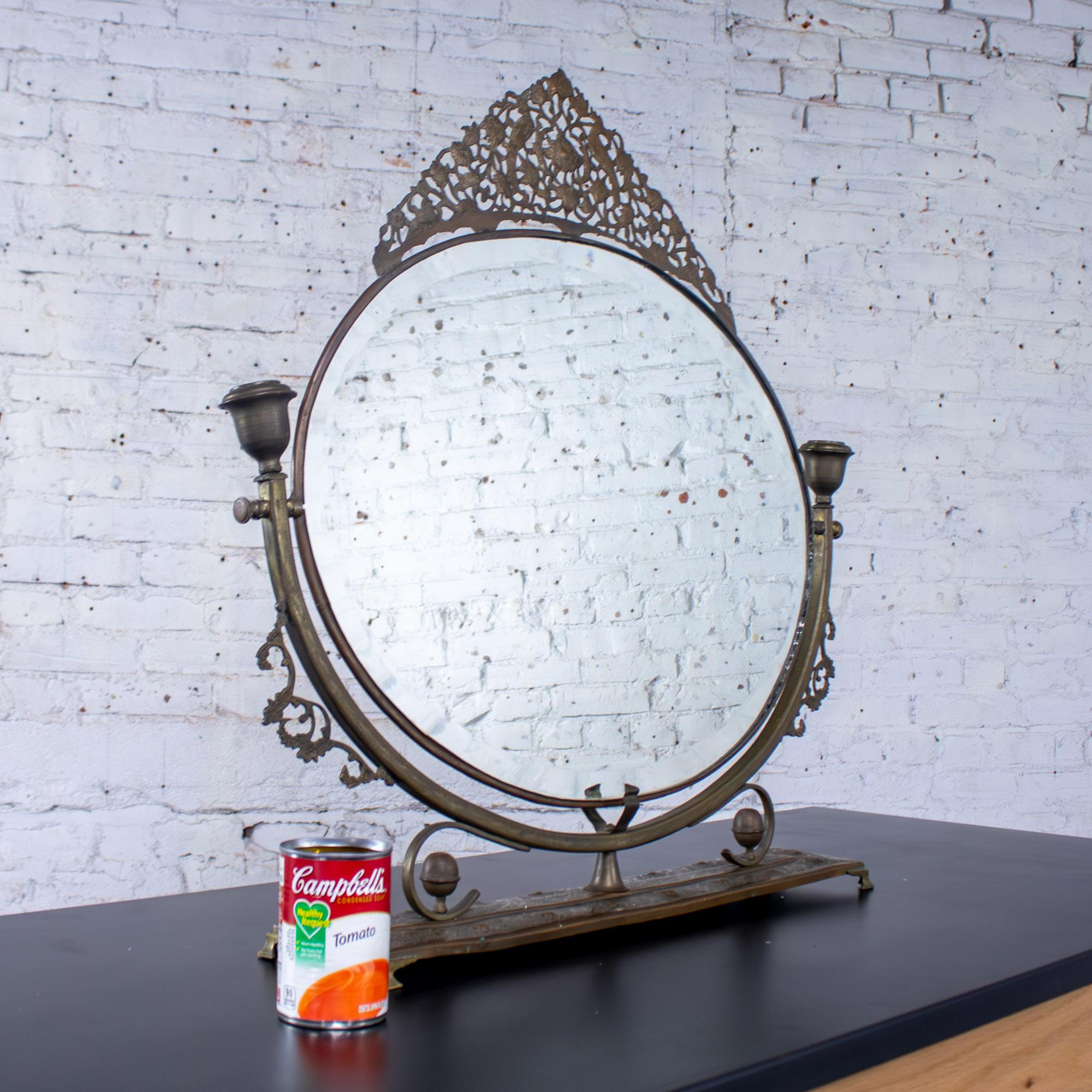 Late 19th to Early 20th Century Art Nouveau Metal Tabletop Vanity Oval Beveled Mirror w/Candle Holders