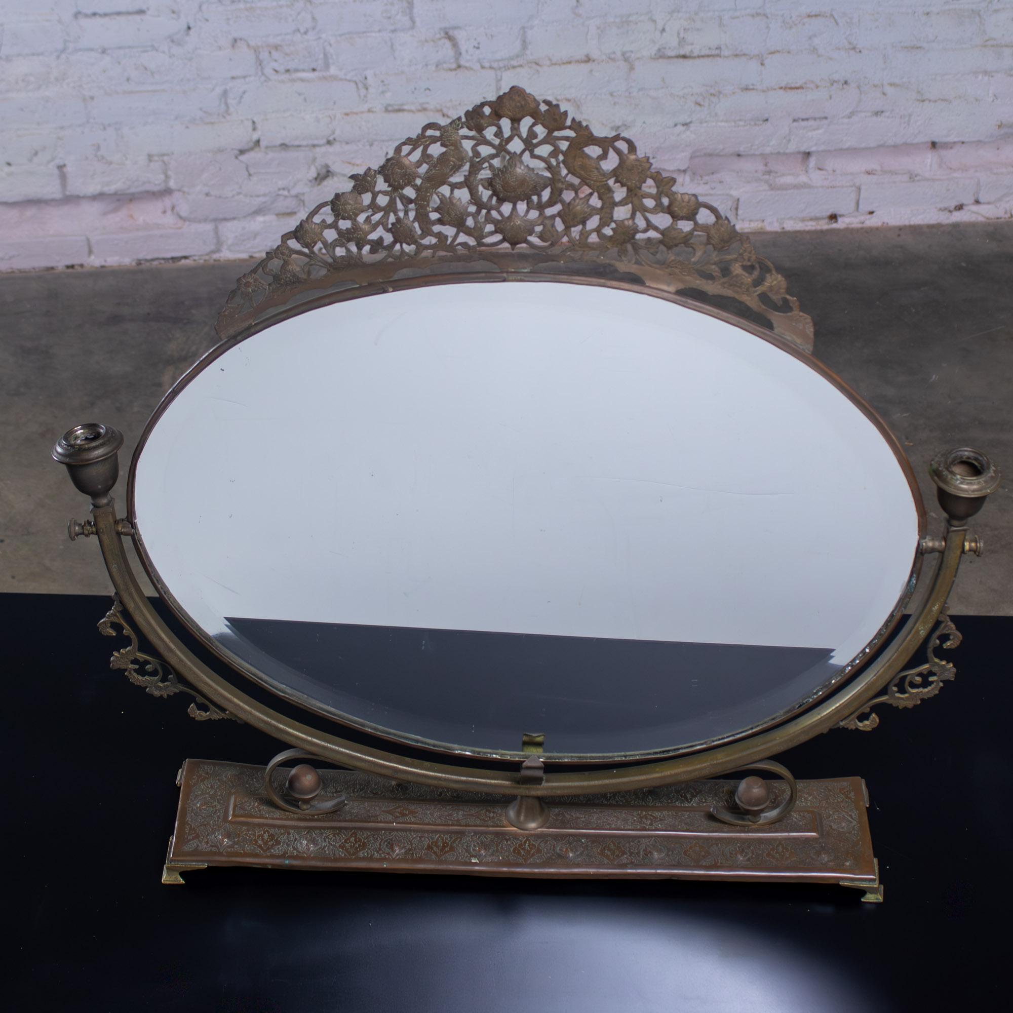 Late 19th to Early 20th Century Art Nouveau Metal Tabletop Vanity Oval Beveled Mirror w/Candle Holders