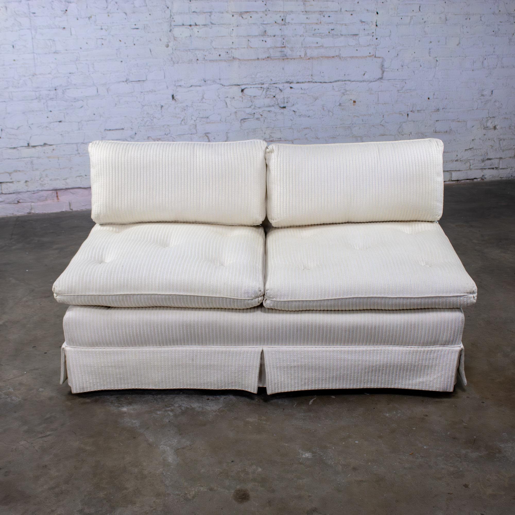 Late 20th Century MCM to Modern Slipper Style Loveseat or Armless Sofa Off White Textured Stripe Upholstery