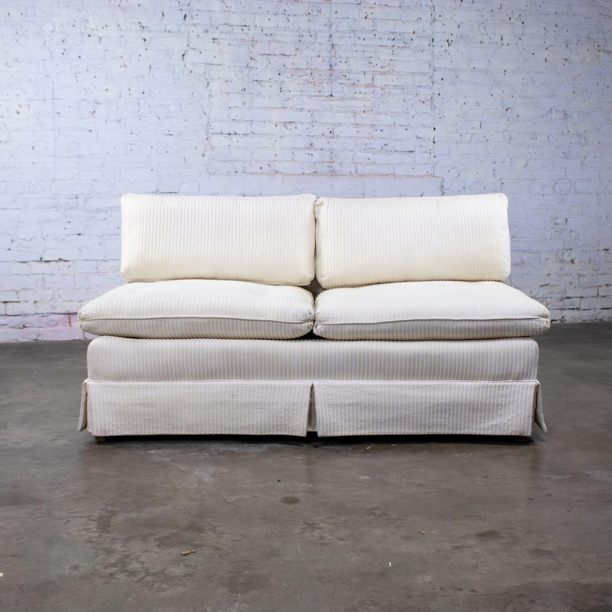 Late 20th Century MCM to Modern Slipper Style Loveseat or Armless Sofa Off White Textured Stripe Upholstery