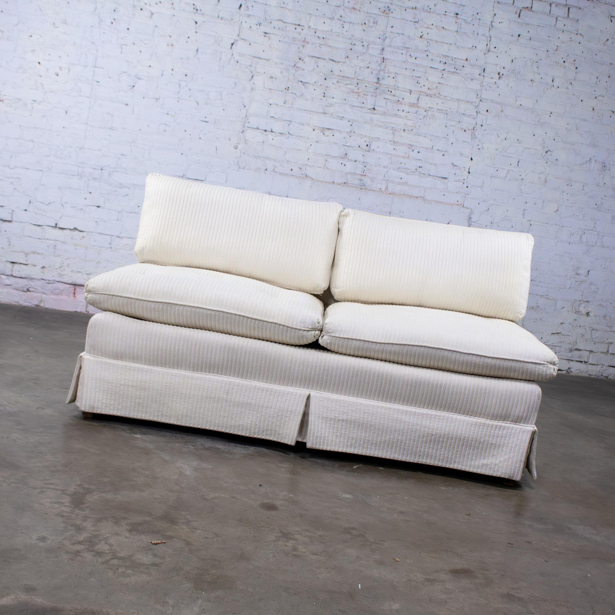 Late 20th Century MCM to Modern Slipper Style Loveseat or Armless Sofa Off White Textured Stripe Upholstery