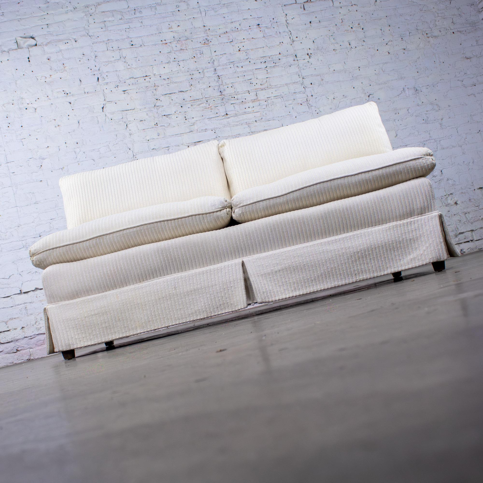 Late 20th Century MCM to Modern Slipper Style Loveseat or Armless Sofa Off White Textured Stripe Upholstery