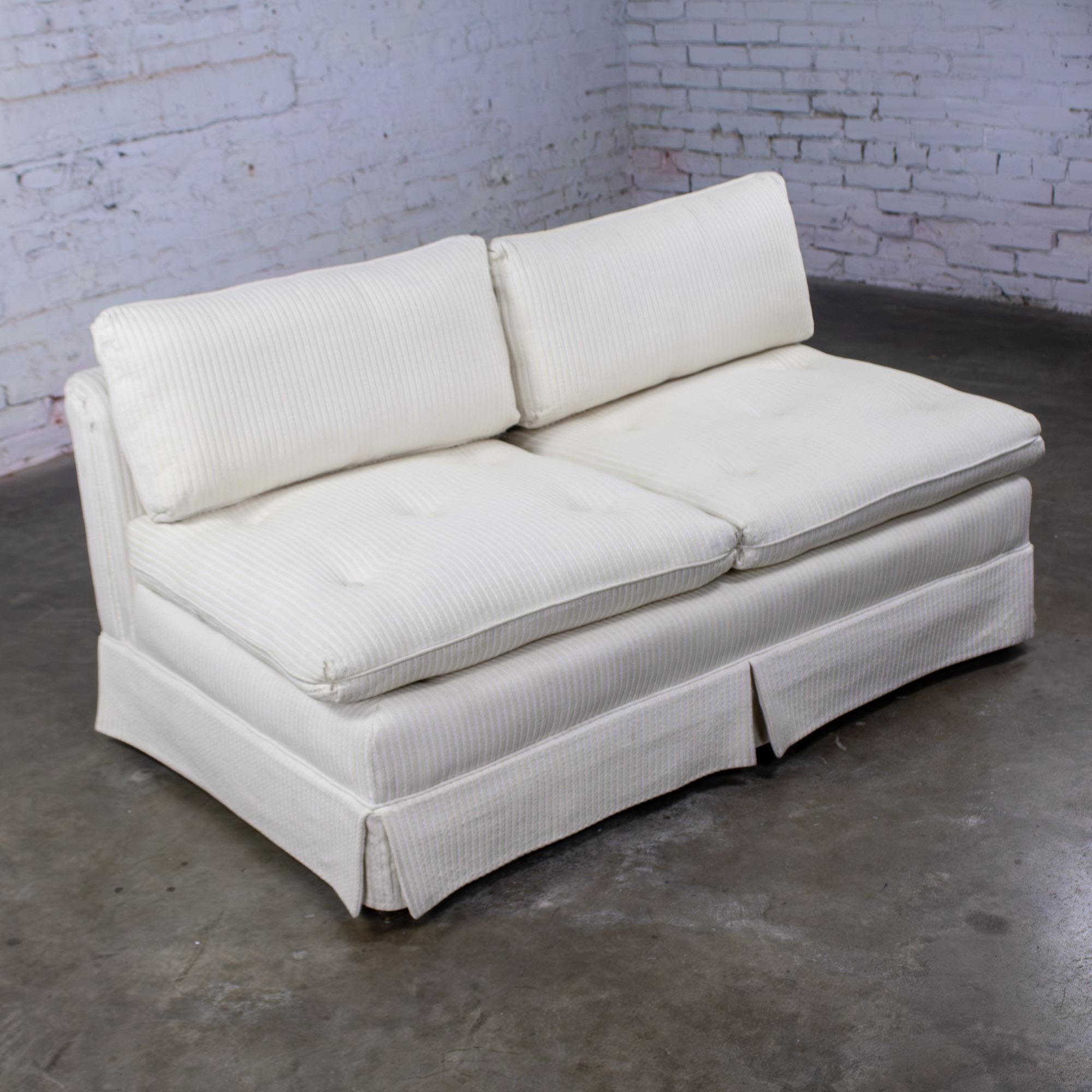 Late 20th Century MCM to Modern Slipper Style Loveseat or Armless Sofa Off White Textured Stripe Upholstery