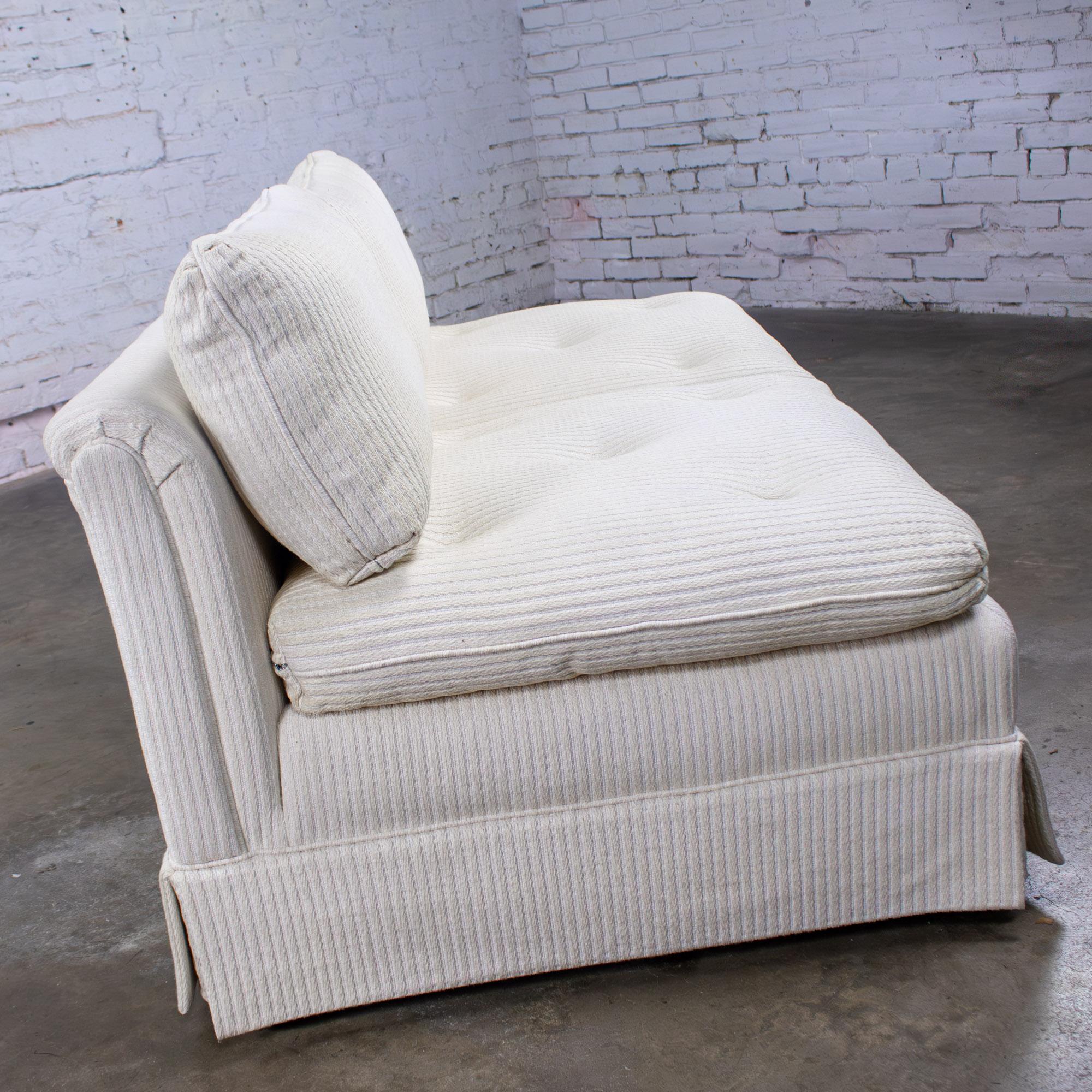 Late 20th Century MCM to Modern Slipper Style Loveseat or Armless Sofa Off White Textured Stripe Upholstery