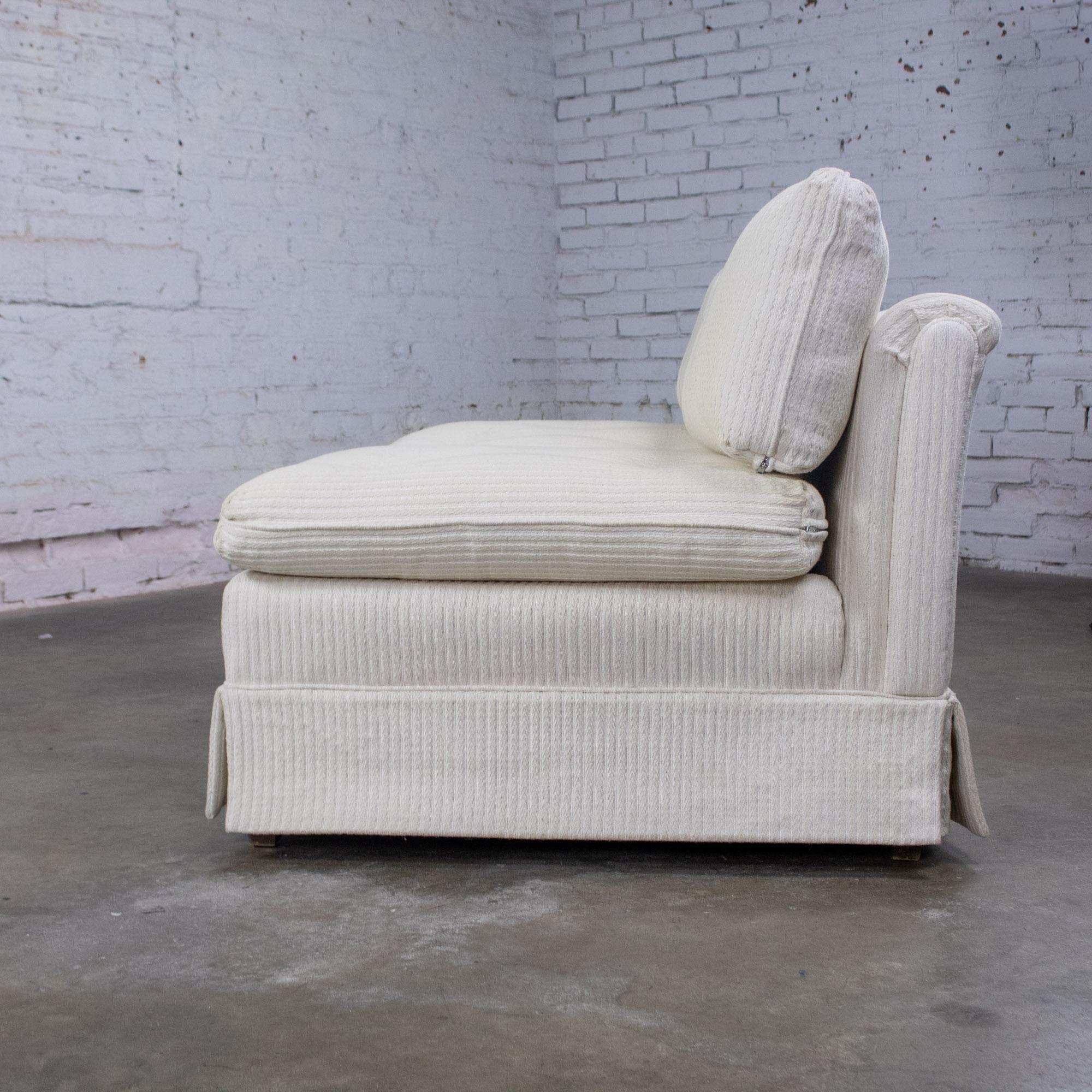 Late 20th Century MCM to Modern Slipper Style Loveseat or Armless Sofa Off White Textured Stripe Upholstery