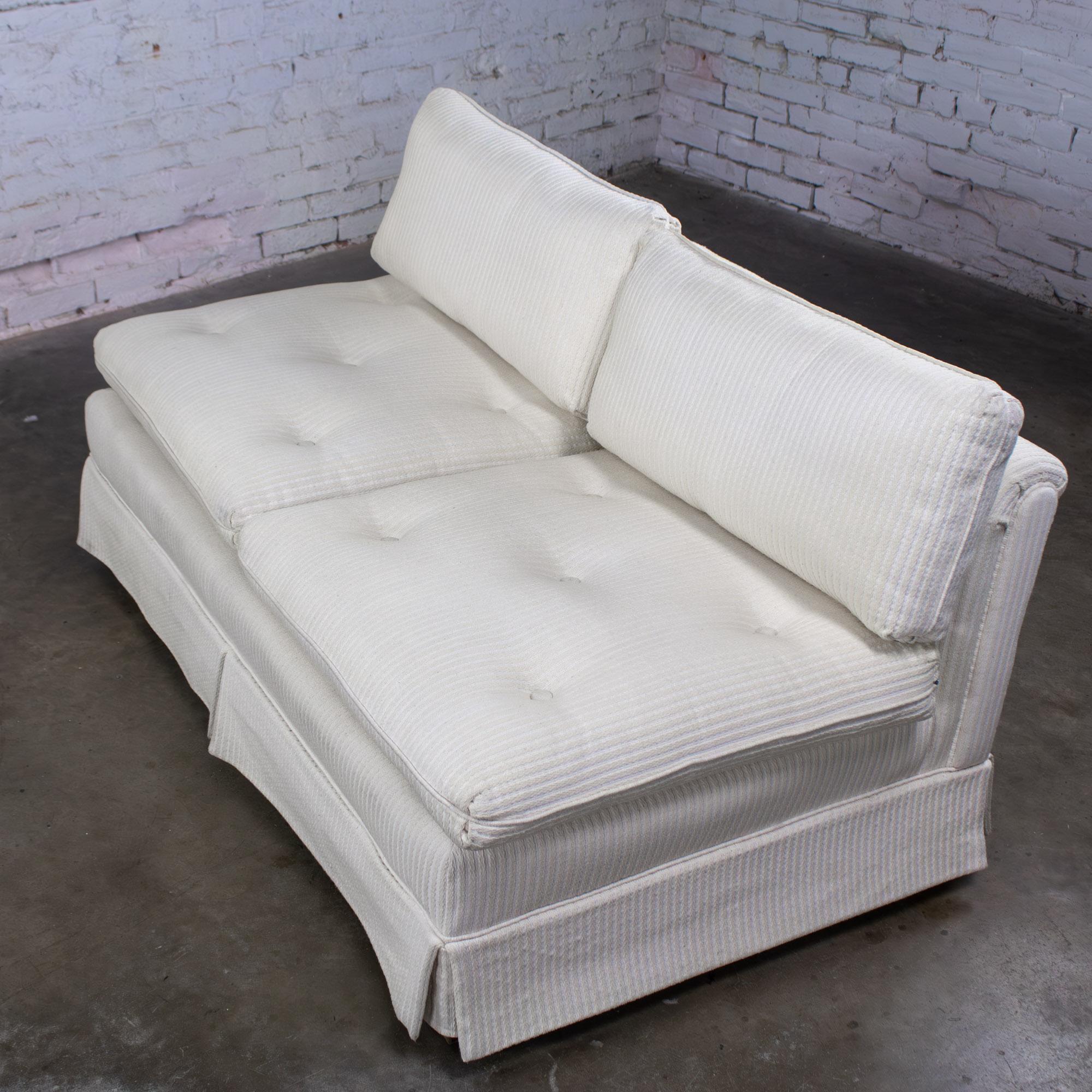 Late 20th Century MCM to Modern Slipper Style Loveseat or Armless Sofa Off White Textured Stripe Upholstery